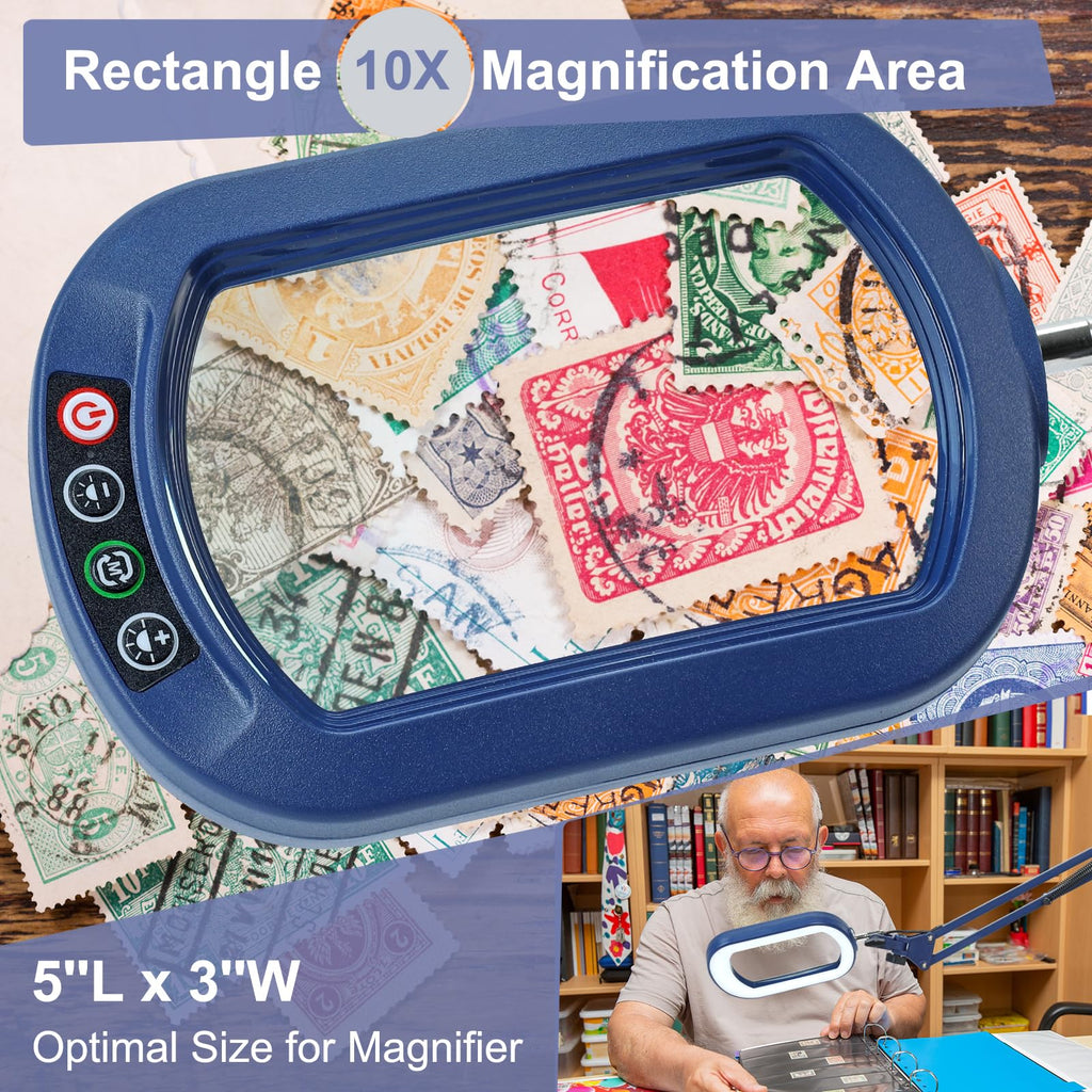 14.35" Large Magnifying Glass with Light and Clamp, Real Glass, 5 Color Modes, Stepless Dimmable, Lighted Magnifier with Stand Hands Free, LED Swing Arm Desk Lamp for Close Work, Craft, Blue