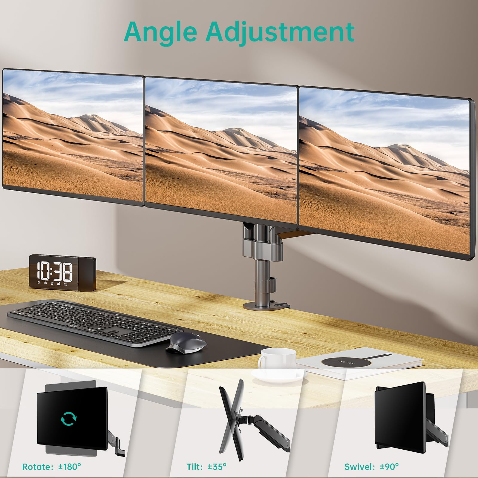 Triple Monitor Mount for 13-32 inch Screens, Adjustable 3 Monitors Desk Mount with Swivel, Tilt, Clamp & Grommet Kit, Triple Monitor Stand for Desk, VESA 75x75/100x100mm (GSDM003), Black