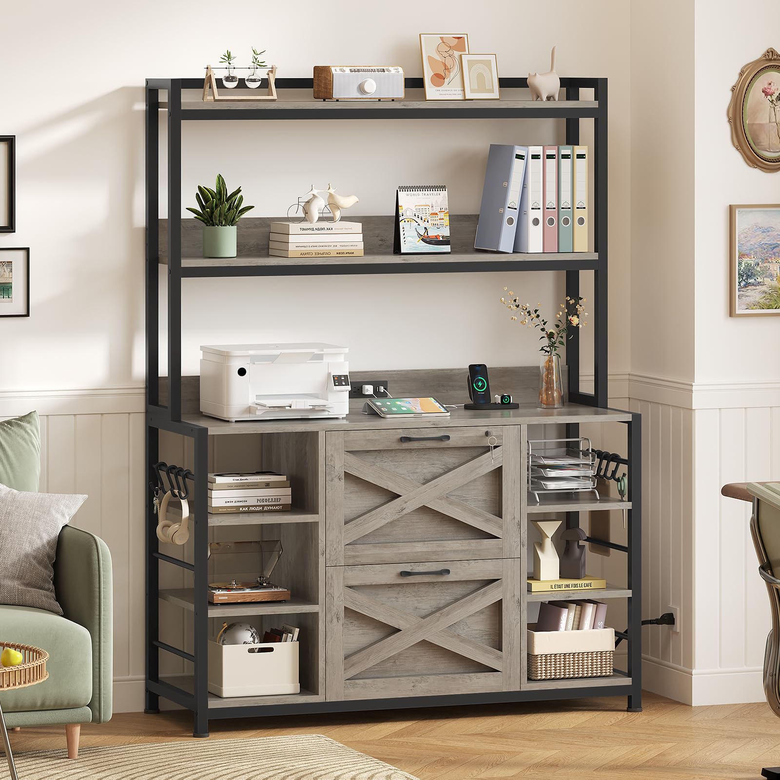 File Cabinet with Charging Station, Vertical Filing Cabinet with Lock for Home Office, Printer Stand with Open Storage Shelf, Fits Legal/Letter/A4 Size, Grey