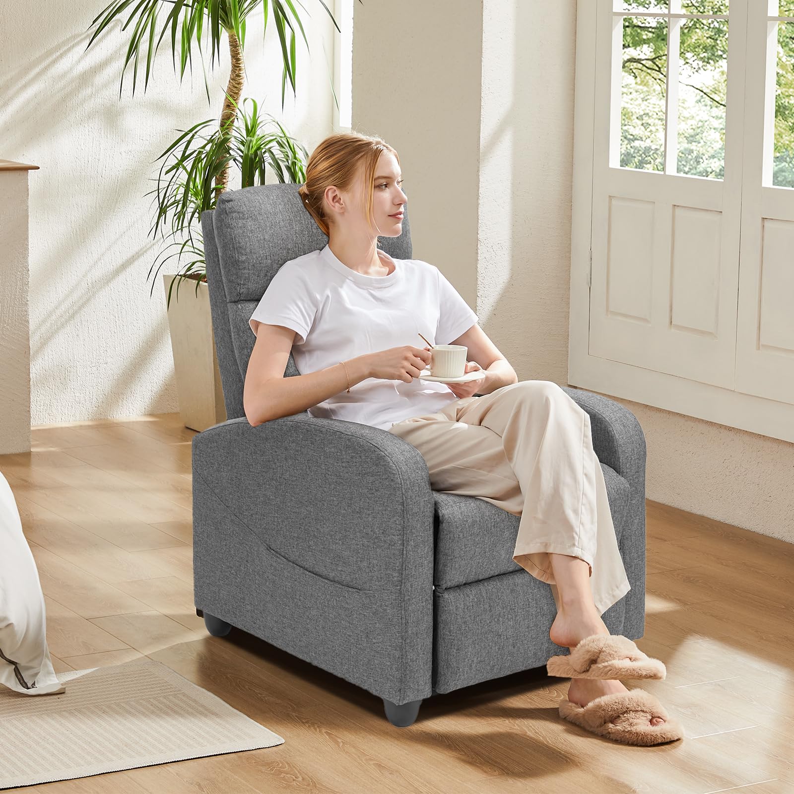 Massage Recliner Chair for Adults, Adjustable Home Theater Seating with Lumbar Support for Living Room, Modern Fabric Reclining for Small Space, Grey