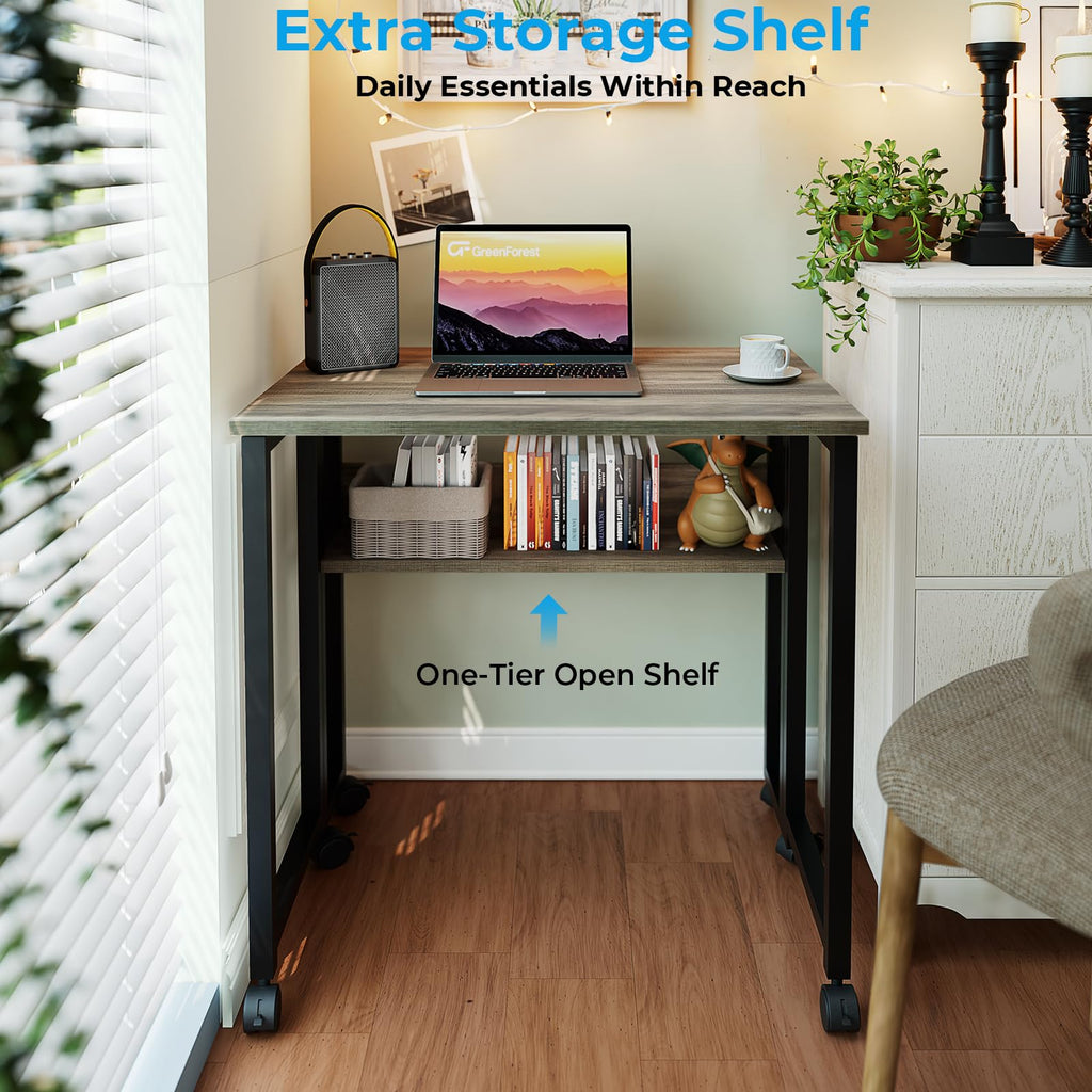 Folding Desk with Wheels, 31.5 Inch Compact Rolling Computer Table with Storage Shelf, Portable Mobile Workstation for Small Spaces, Easy Assembly, Grey Wash