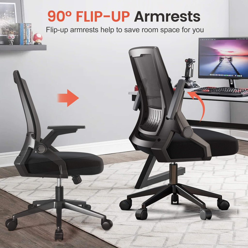 Pack of 2, Ergonomic Office Chair with Flip-up Armrests Executive Computer Chair for Home Office, Breathable Mesh & Comfy Lumbar Support, Black