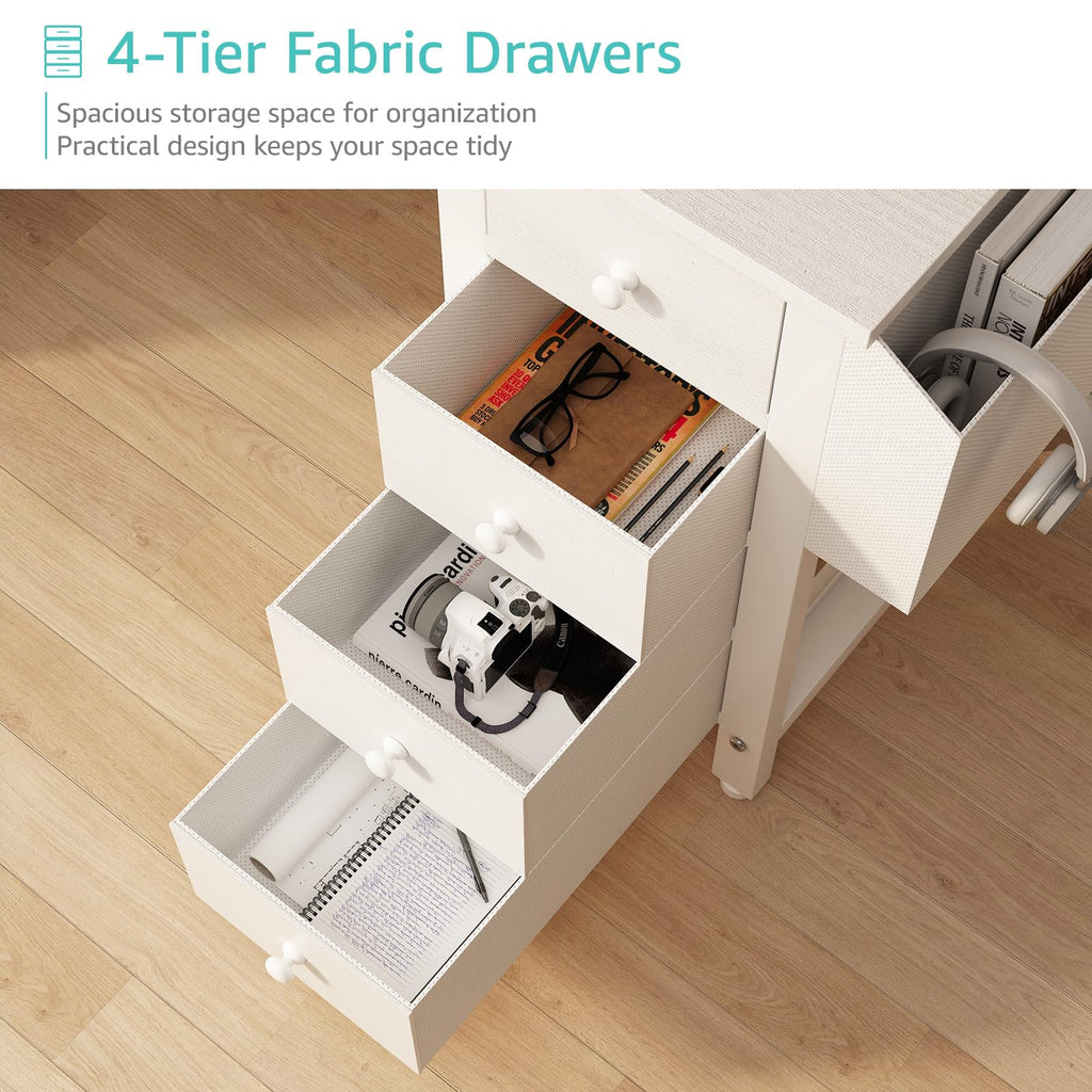 White L Shaped Computer Desk with Drawers & Storage Shelves, 47 Inch Corner Reversible Desk with Power Outlet for Home Office Bedroom, L-Shaped Teen PC Desks with Fabric Drawer, White