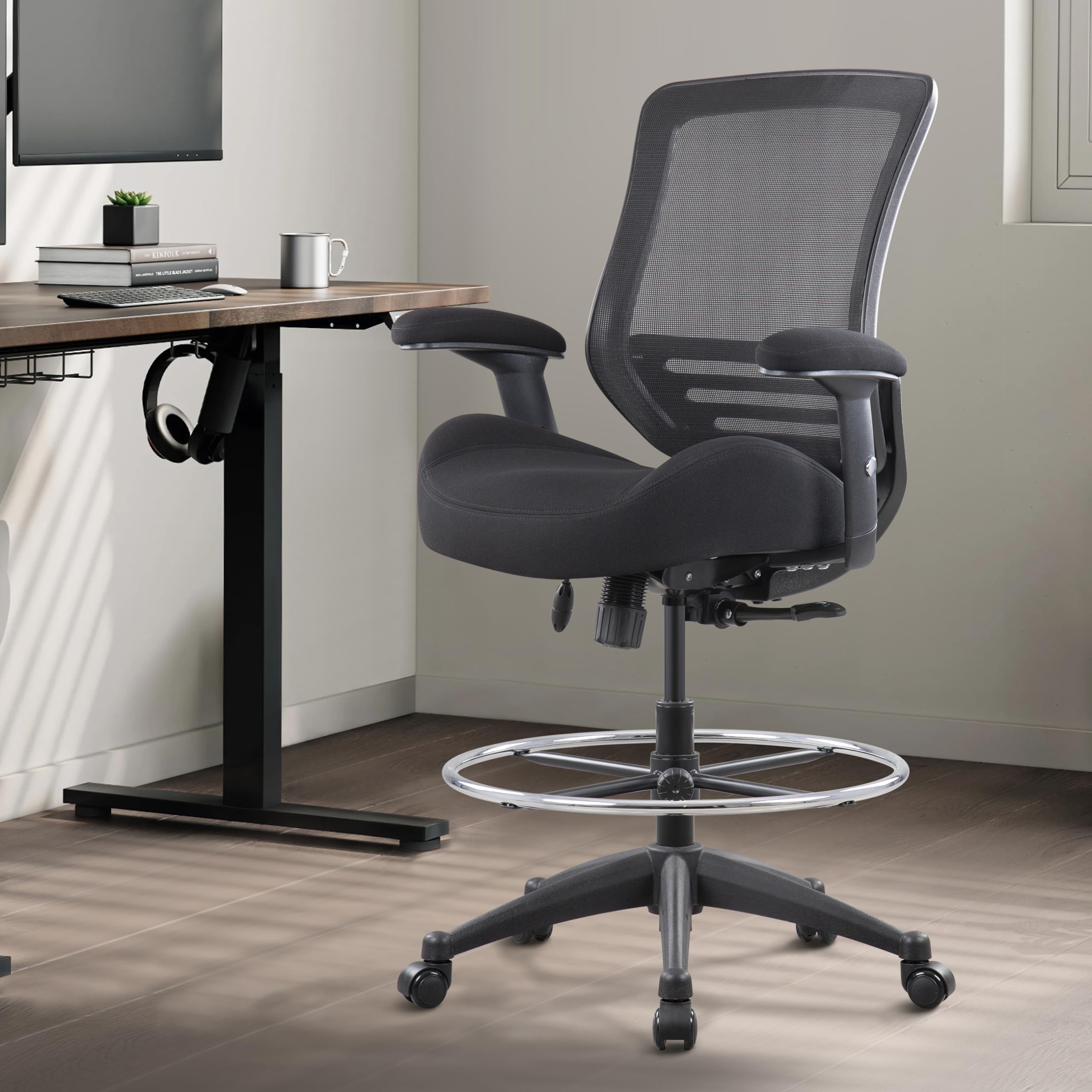 400lbs Mid Back Mesh Ergonomic Drafting Chair for Standing Desk Office Wide Chair Built-in Lumbar Support Big Adjustable Foot Ring Height Adjustable Armrest (Black)