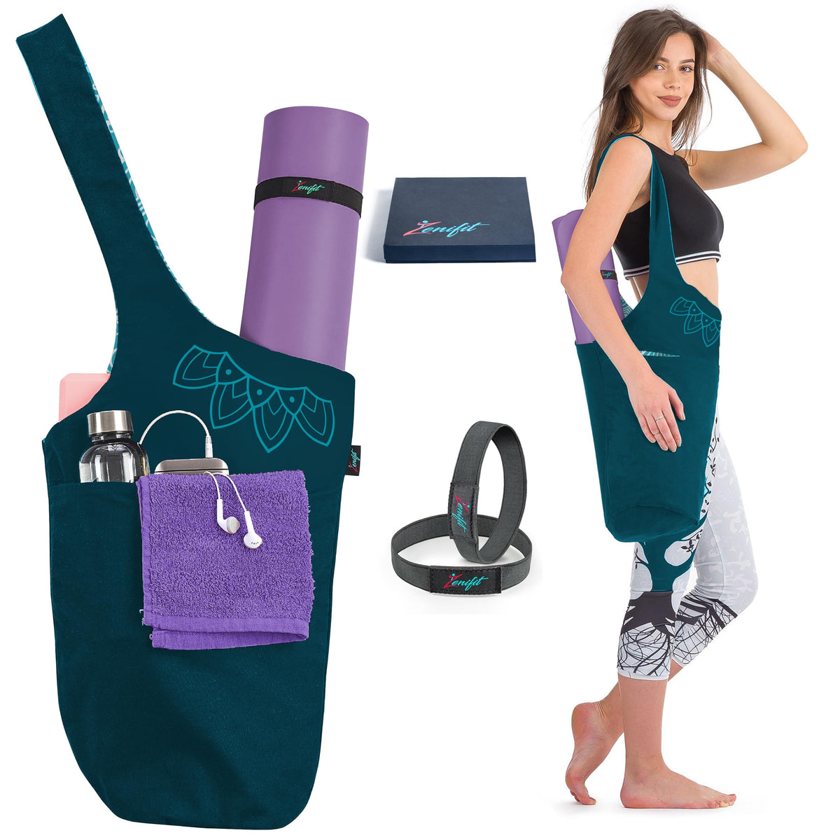 Yoga Mat Bag & Carrier with Pockets for Women, Two-Tone Teal