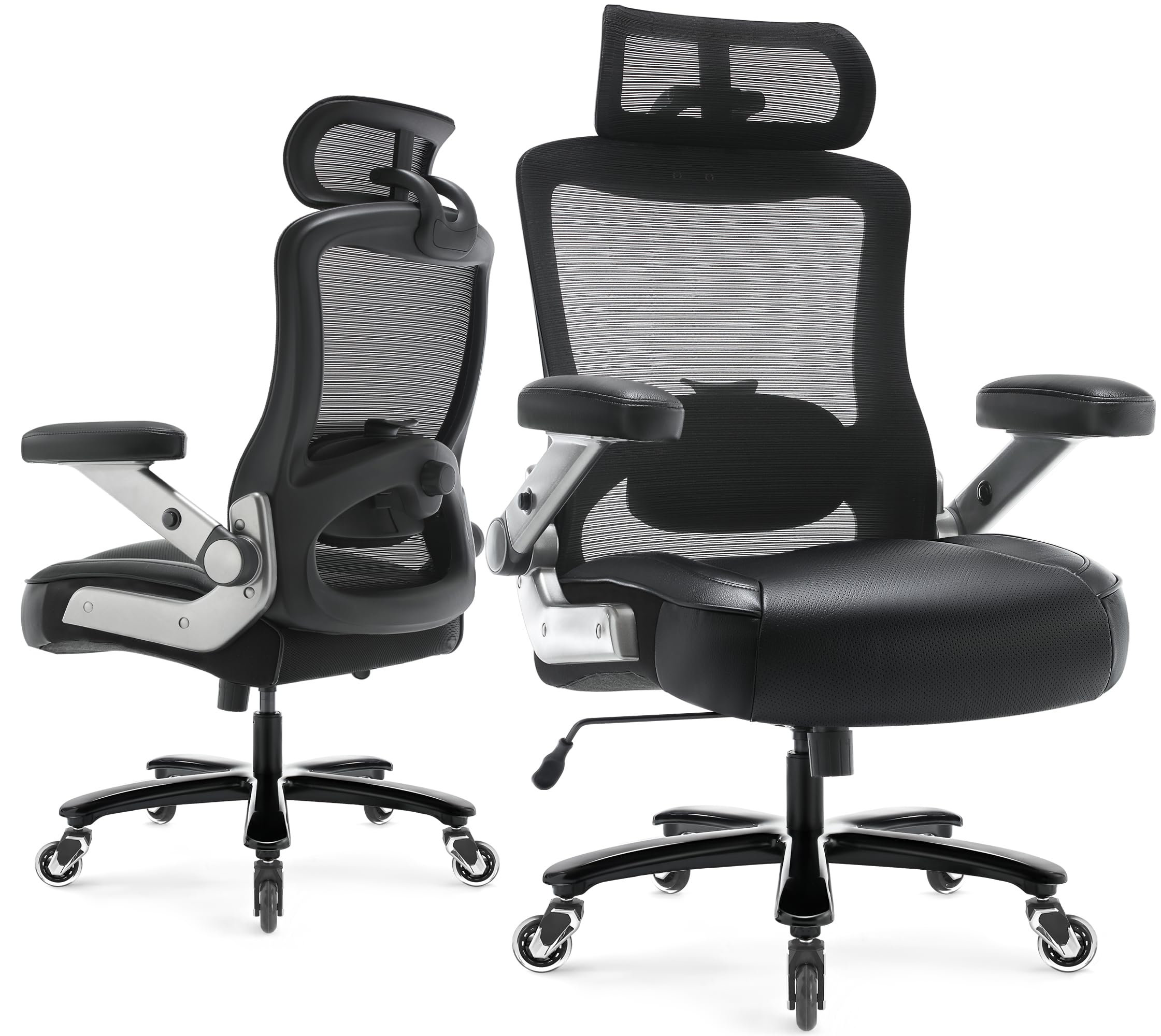 600lbs Big and Tall Office Chair- Heavy Duty Executive Computer Chair with 3D Flip Arms Large Wheels, Ergonomic Mesh High Back Desk Chair, Extra Wide Seat Adjustable Lumbar Support&Headrest