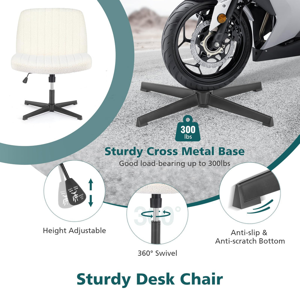 Criss Cross Chairs Legged Armless No Wheels Wide Seat Height Adjustable Swivel Rolling Padded Furry Cute Home Office Desk Seating for Bedroom, Student, Study Room