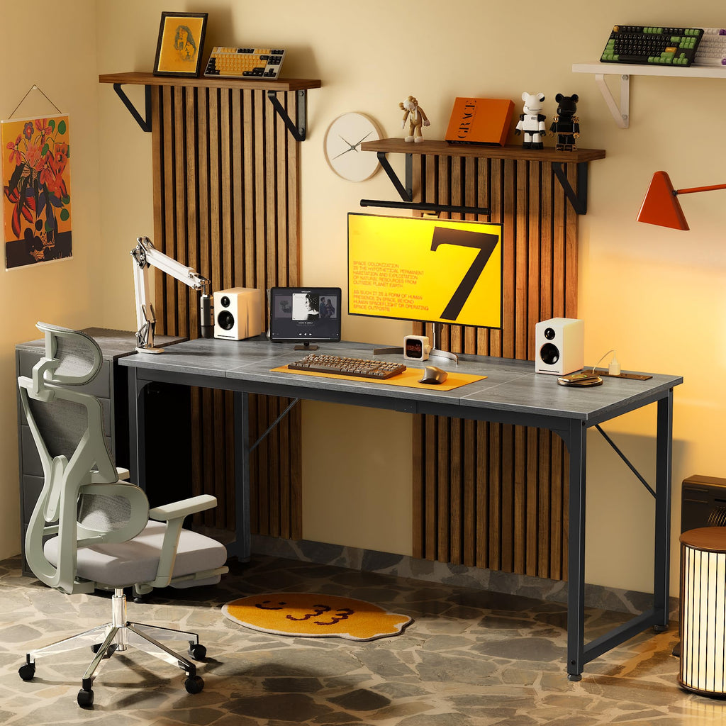 63 X 24 Inch Office Computer Desk with Power Outlets and USB-C Port, Larger and Longer Gaming Desk, for Home Office, Study, Writing Work from Home Table, Metal Frame, Grey