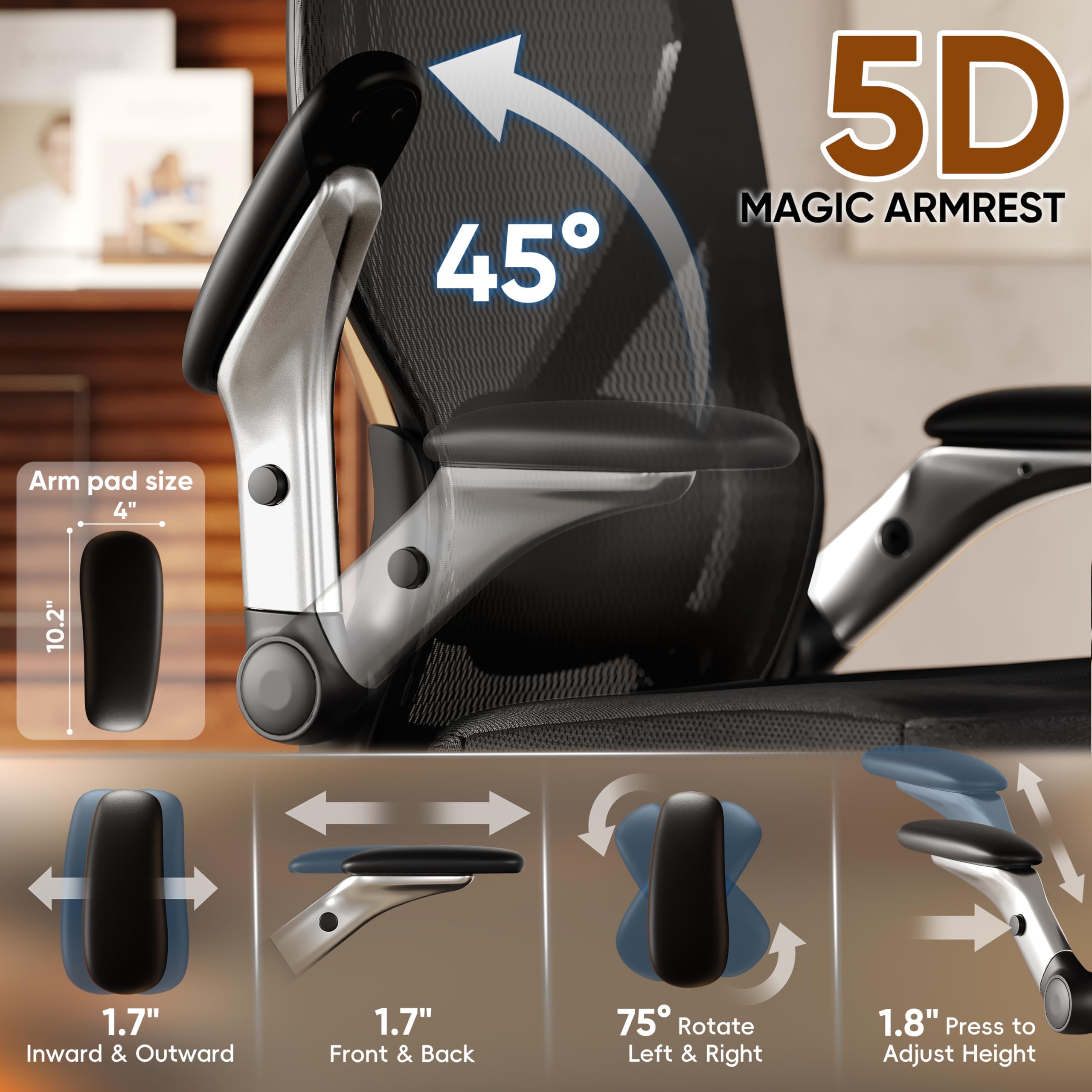 Ergonomic Office Chair, Big and Tall Mesh Chair with Adjustable Lumbar Support, 5D Arms & Wide Seat, 135° Recline Home Desk Computer Chairs for Work Gaming, Heavy Duty,400LBS - Black