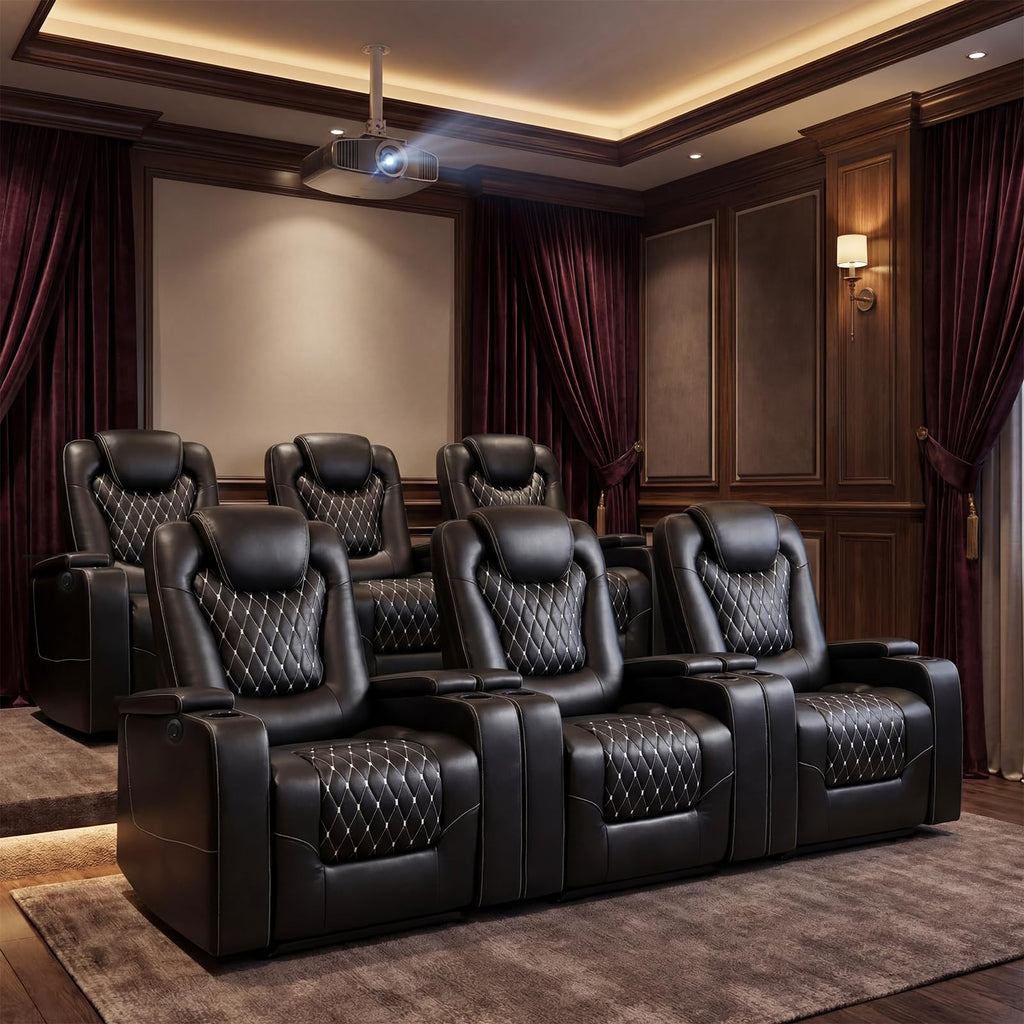 Power Recliner Chair Set of 6, Electric Soft Faux Leather Reclining Home Theater Seating - USB Ports, Cup Holders, Hidden Arm Storage Movie & Media Room Chairs (Black)
