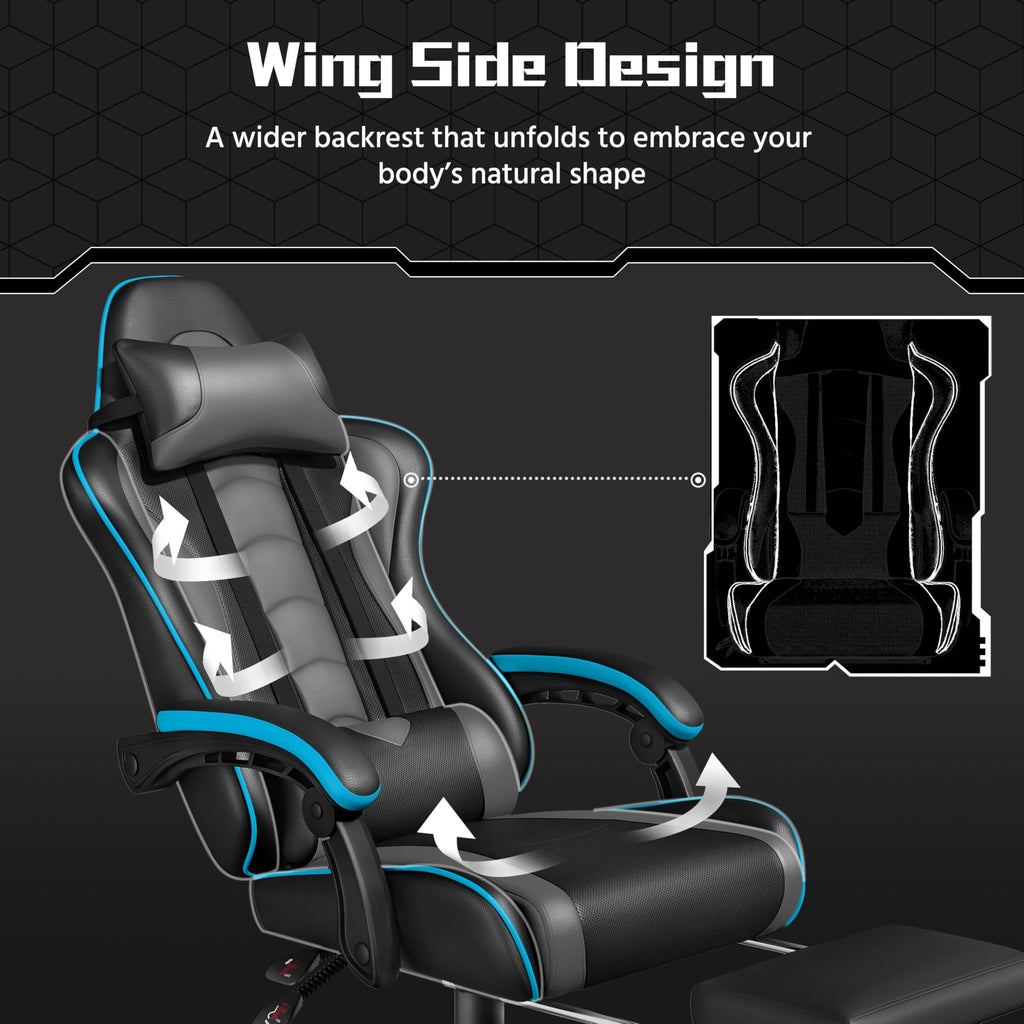 Gaming Chair, Video Game Chair with Massage Lumbar Support and Footrest Height Adjustable Ergonomic Computer Chair with Swivel Seat and Headrest, Black/Gray