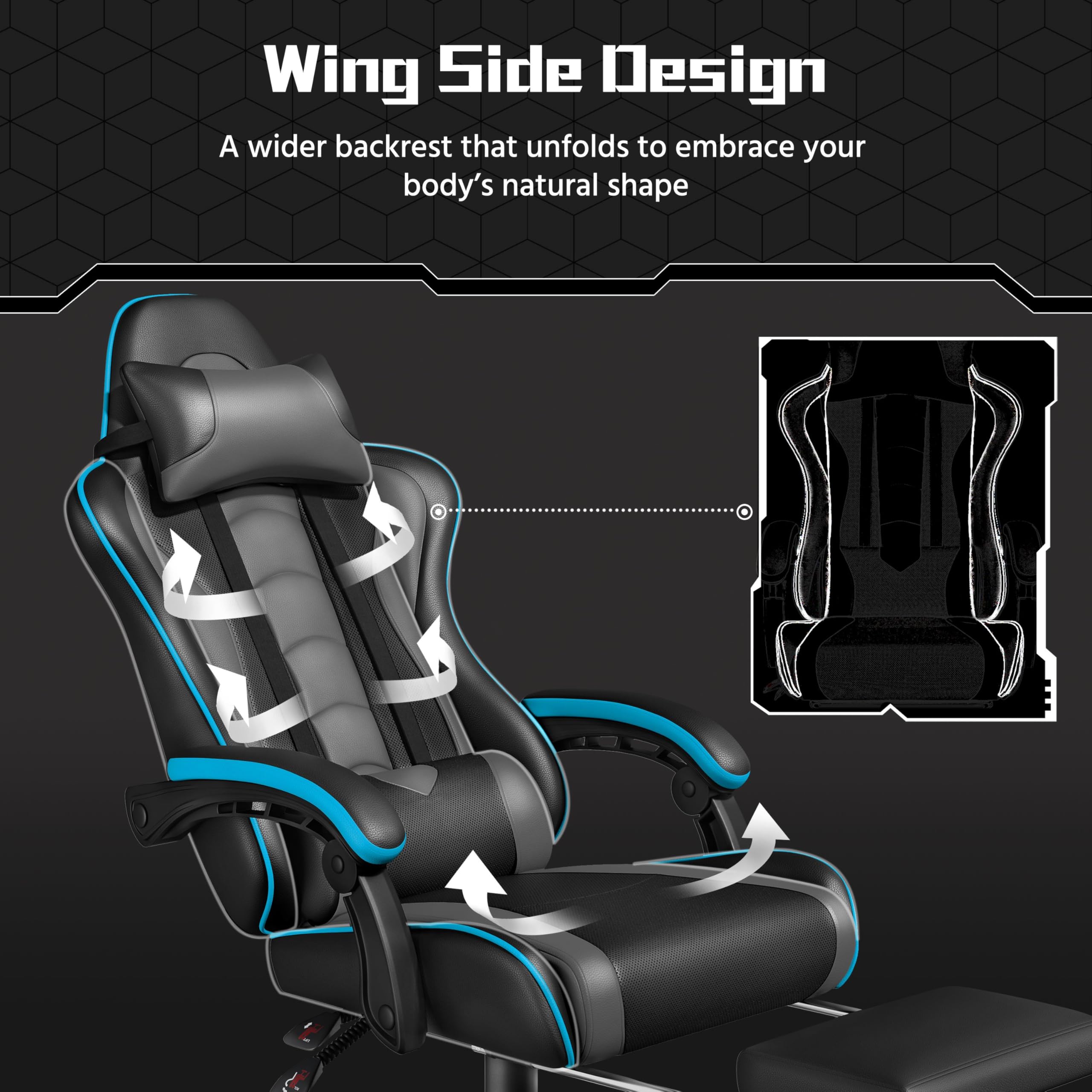 Gaming Chair, Video Game Chair with Massage Lumbar Support and Footrest Height Adjustable Ergonomic Computer Chair with Swivel Seat and Headrest, Black/Gray