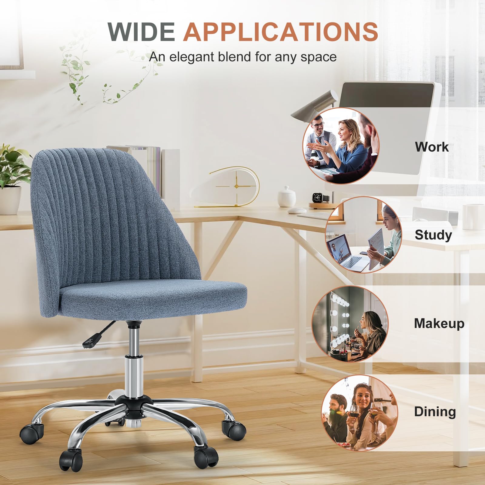 Office Chair, Comfy Desk Chair Rolling Vanity Swivel Task Chairs with Wheels, Wide Seating Armless Height Adjustable Computer Chairs for Home,Bedroom,Student,Adults, Blue