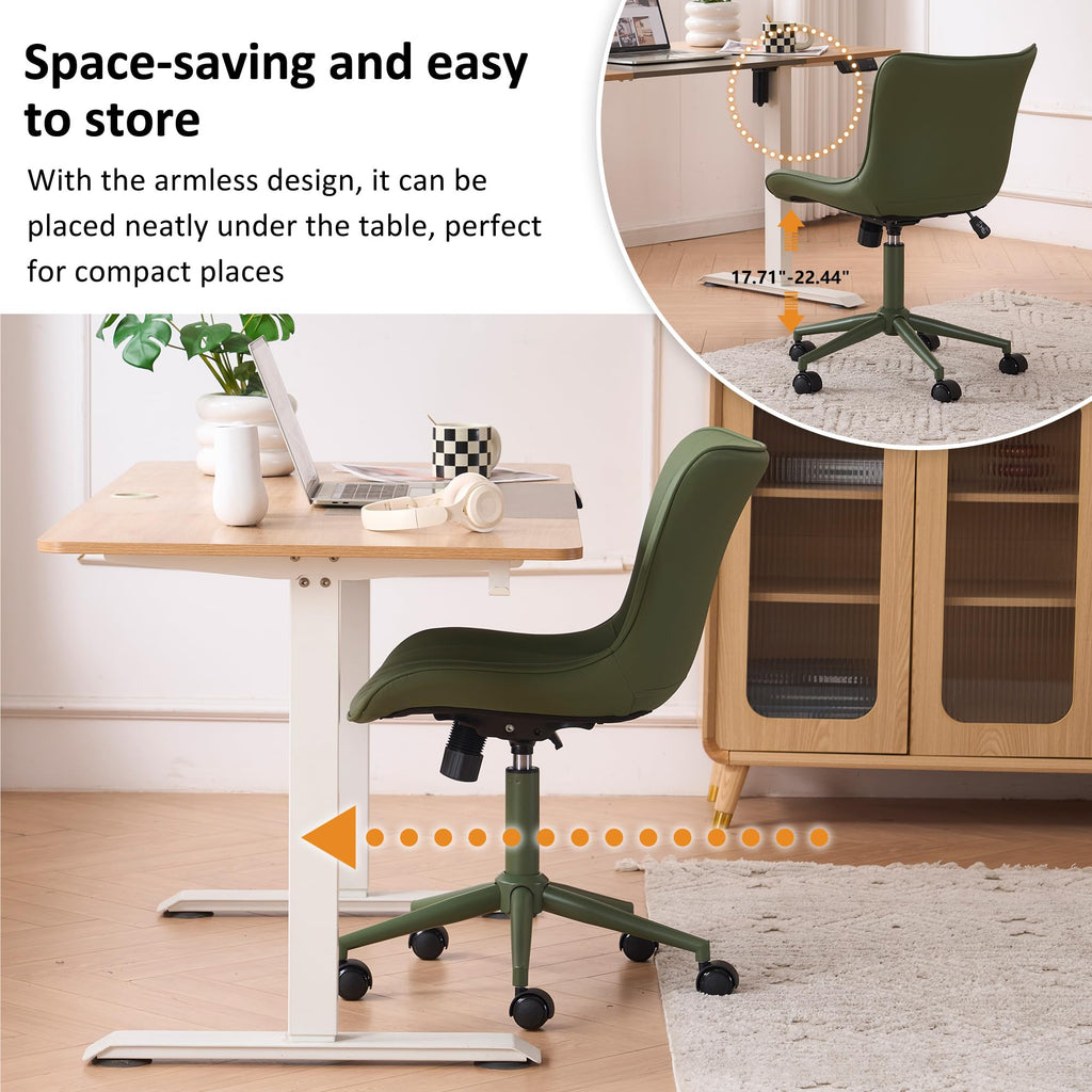 Home Office Desk Chair with Wheels Armless Vanity Chair with Back Comfy Modern Leather Upholstered Rolling Task Chair Swivel Small Cute Sewing Chair No Arms Wide Adjustable Sage Green