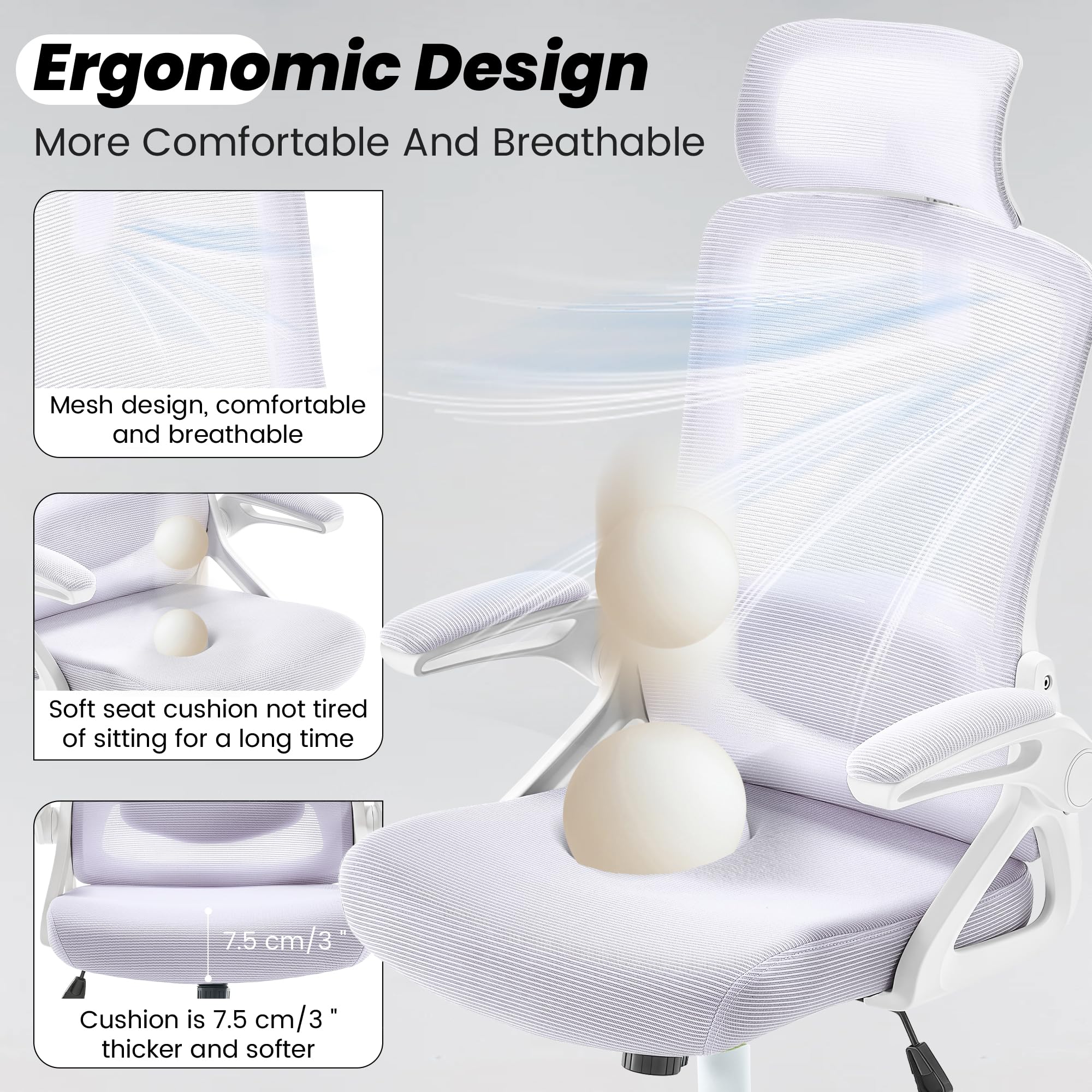 Ergonomic Office Chair, 400 LBS Desk Chair with Adjustable Lumbar Support, High Back Breathable Mesh Computer Chair Rolling Work Swivel Task Chairs, Comfy Home Office Desk Chair (Lavender)