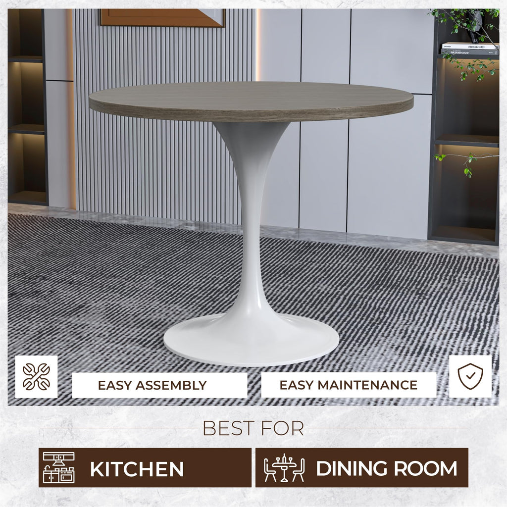 Verve Mid-Century Modern 36 Inch Round Dining Table, MDF Wood Tabletop with White Steel Pedestal Base, Contemporary Kitchen & Dining Room Table, for Small Spaces (Dark Maple)