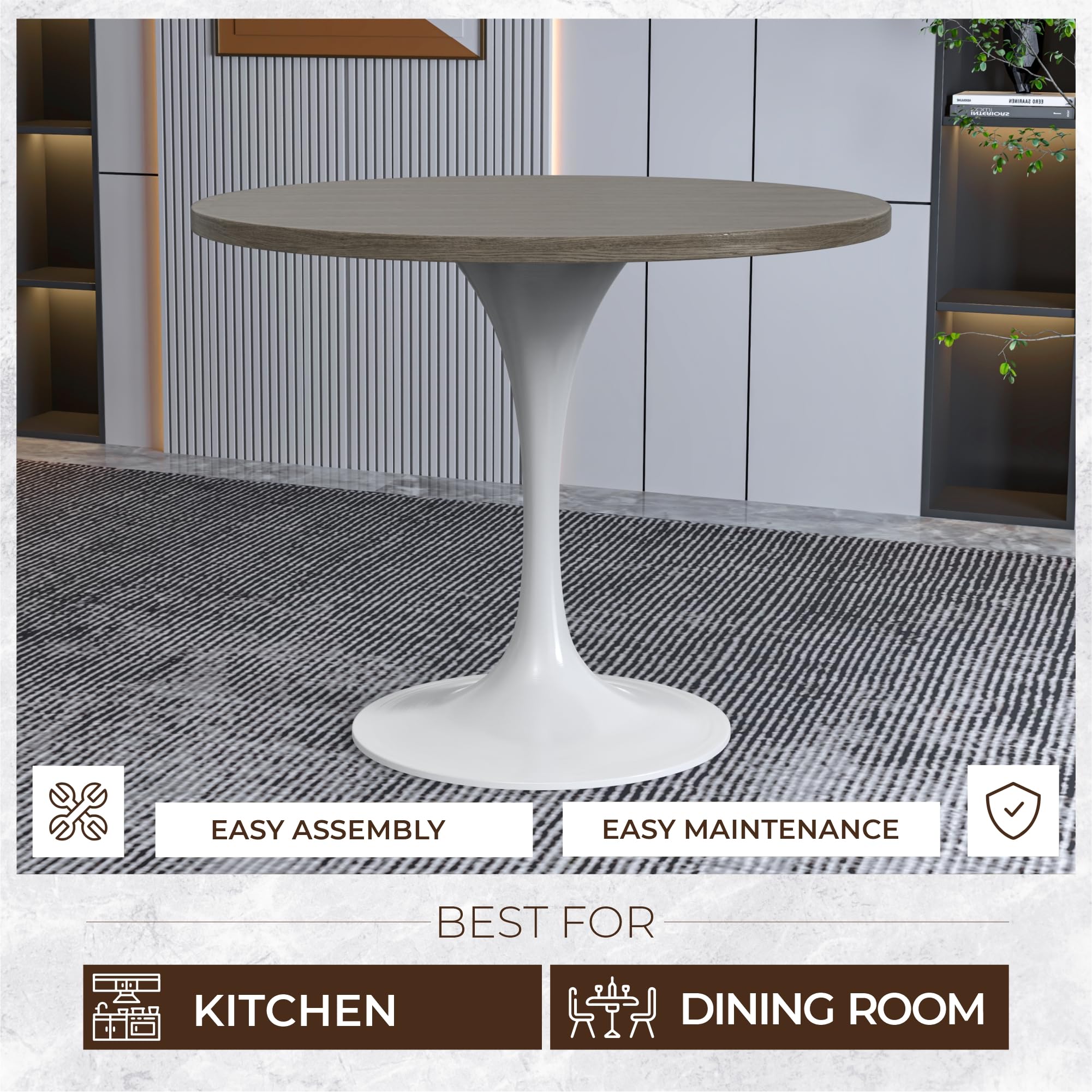 Verve Mid-Century Modern 36 Inch Round Dining Table, MDF Wood Tabletop with White Steel Pedestal Base, Contemporary Kitchen & Dining Room Table, for Small Spaces (Dark Maple)