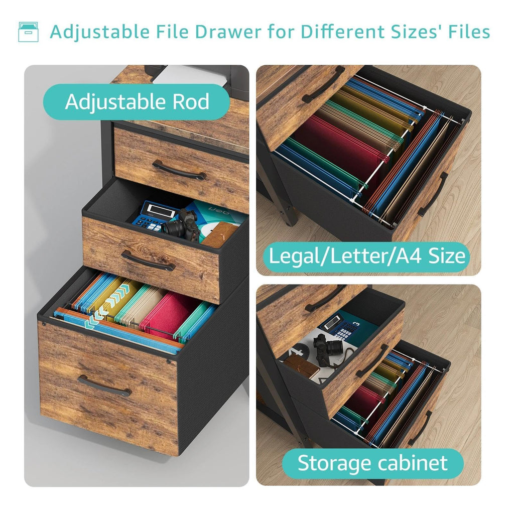 Computer Desk with Fabric File Drawers Cabinet, 55 Inch Reversible Home Office Desks with Filing Cabinet for Small Space, Study Writing Table PC Desks with Storage for Bedroom, Rustic Brown
