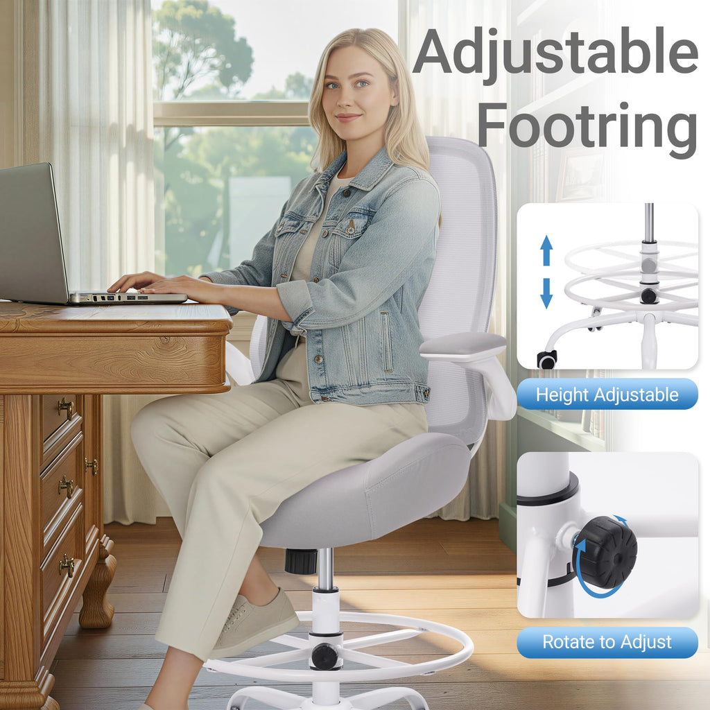 Drafting Chair Tall Office Chair with Flip-Up Armrests Ergonomic Computer Chair with Lumbar Support Adjustable Footrest Ring Mesh Standing Desk Chair (Grey)