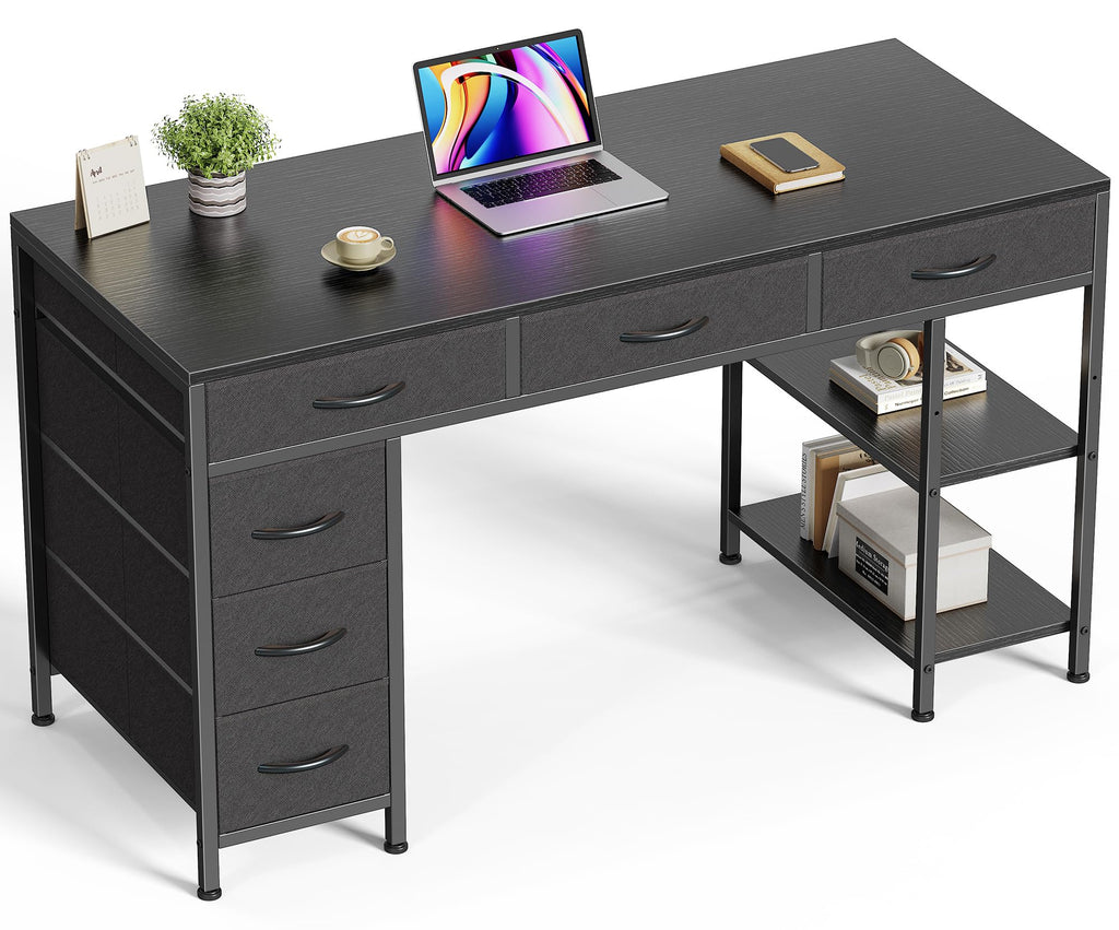 Computer Desk with 6 Drawers, Office Desk with Shelves, Reversible Gaming Desk, Corner Desk with Storage, Work for Home Office, Study, Living Room, 47inch, Black