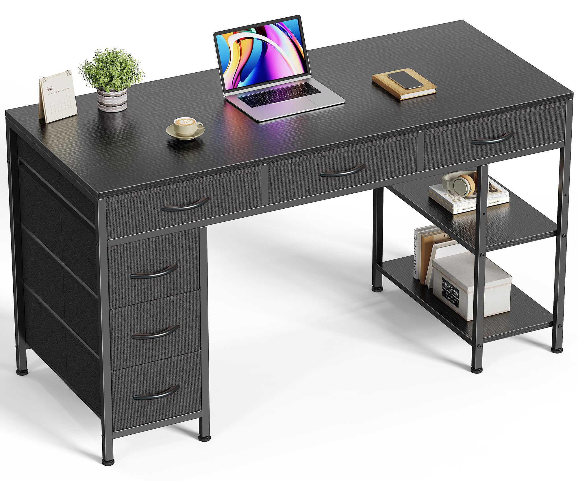 Computer Desk with 6 Drawers, Office Desk with Shelves, Reversible Gaming Desk, Corner Desk with Storage, Work for Home Office, Study, Living Room, 47inch, Black