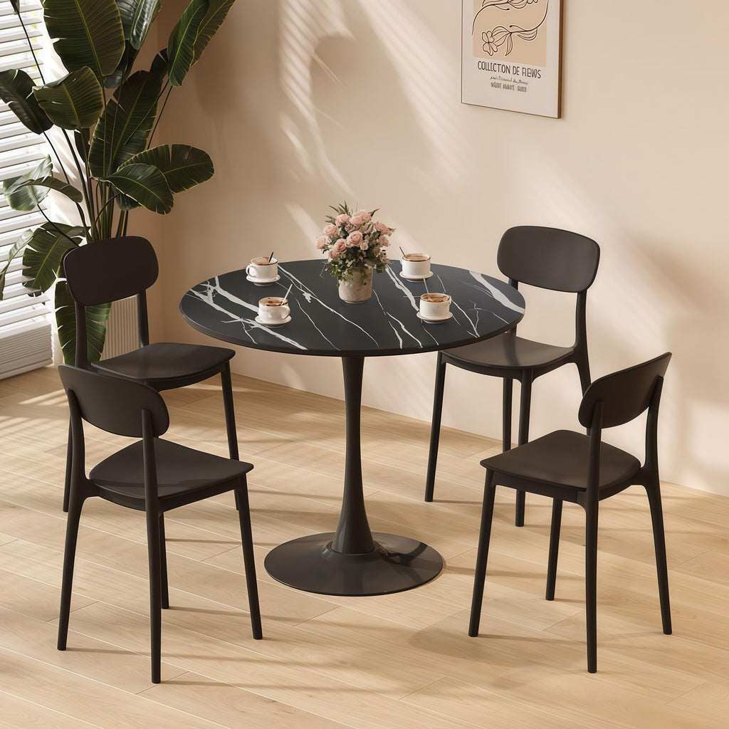 Sybrioka 24" Tulip Table for 1-2 Persons Modern Round Dining Table, Mid-Century Modern Black Marble Small Kitchen Table with MDF Wooden Top, Leisure Coffee Table for Living Room, Dining Room, Office