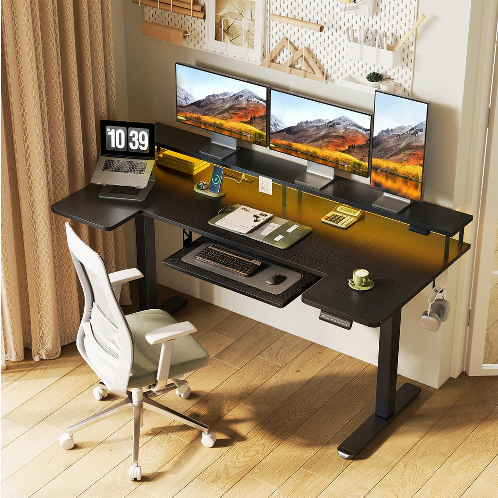 U Shaped Electric Standing Desk with Keyboard Tray, 63 Inch Height Adjustable Desk with Power Outlets & LED Lights, Sit Stand Table with Monitor Stand for Home, Office, Black