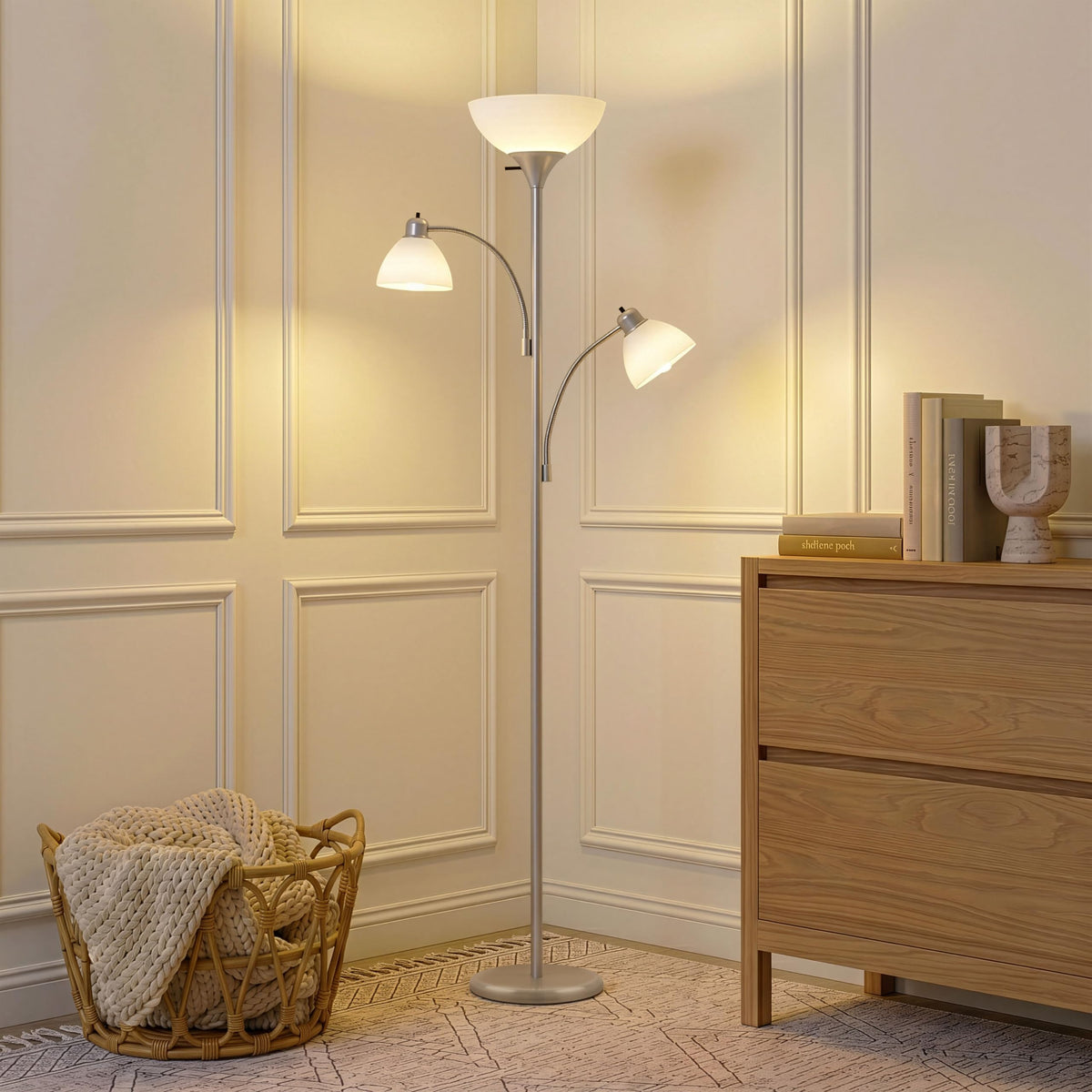Sky Dome Double LED Floor lamp, Torchiere Super Bright Floor Lamp with 2 Reading Lamps for Living Rooms & Offices - Dimmable Tall Standing Lamp for Bedroom Reading - Tall Silver Pole