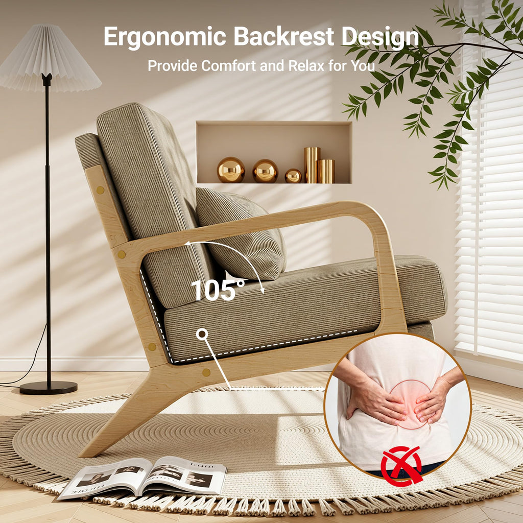 Mid-Century Modern Accent Chair, Armchair with Solid Wood Frame & Lumbar Pillow, Comfy Upholstered Lounge Chair for Office, Bedroom, Corduroy, Khaki