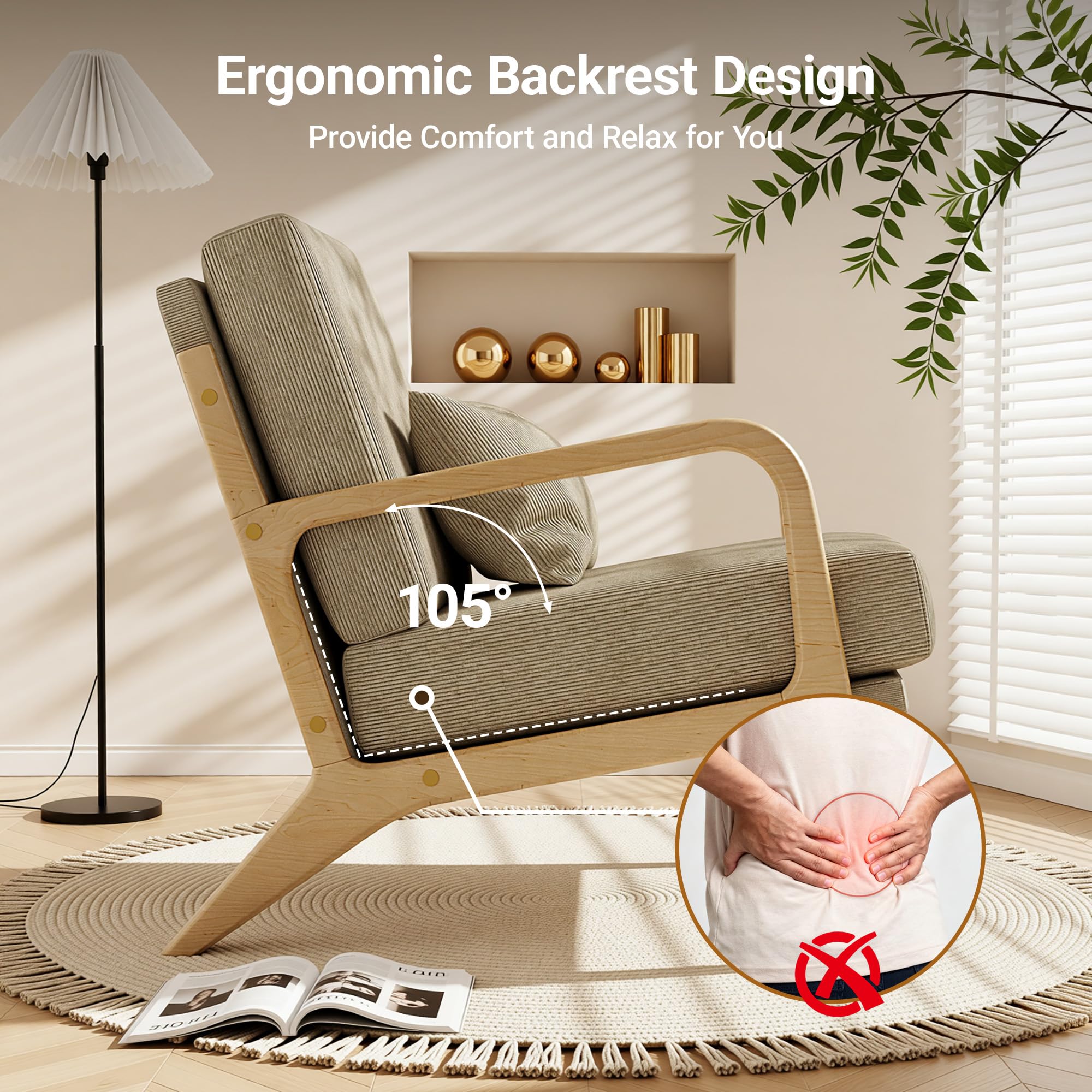 Mid-Century Modern Accent Chair, Armchair with Solid Wood Frame & Lumbar Pillow, Comfy Upholstered Lounge Chair for Office, Bedroom, Corduroy, Khaki