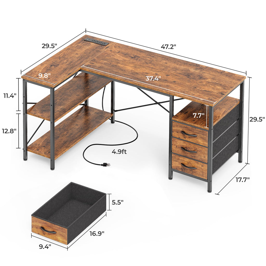 L Shaped Office Desk with Power Outlets, 47 Inch Computer Desk with 3 Drawers, Shelves, for Gaming, Corner Work, Home Office, Study, Rustic Brown