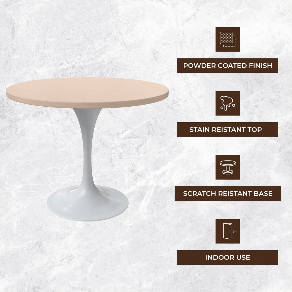 Verve Mid-Century Modern 36 Inch Round Dining Table, MDF Wood Tabletop with White Steel Pedestal Base, Contemporary Kitchen & Dining Room Table, for Small Spaces (Light Natural)