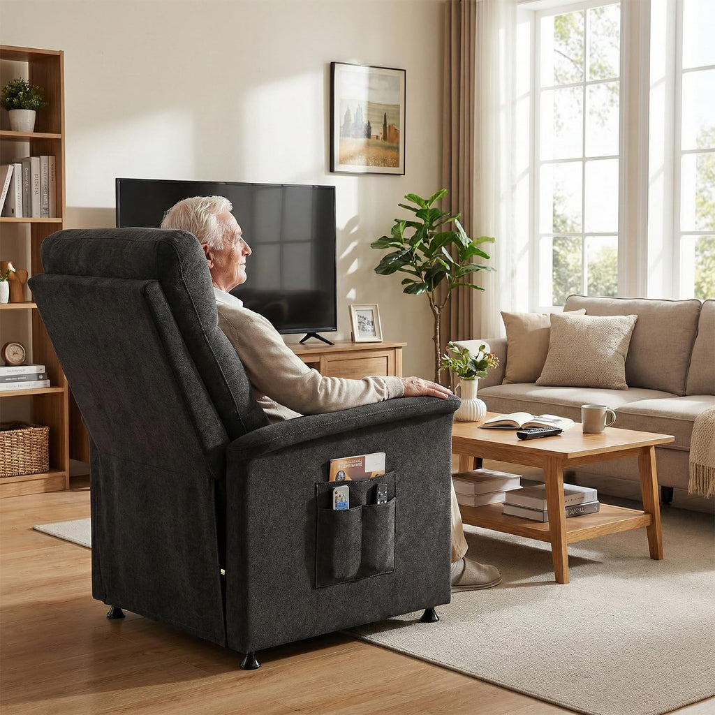 Power Recliner Chair for Adults with Heat & Massage - Soft Fabric Electric Reclining Sofa with Remote Control, 3 Side Pockets, 180° Lay Sleeper for Home Theater Living Room, Black