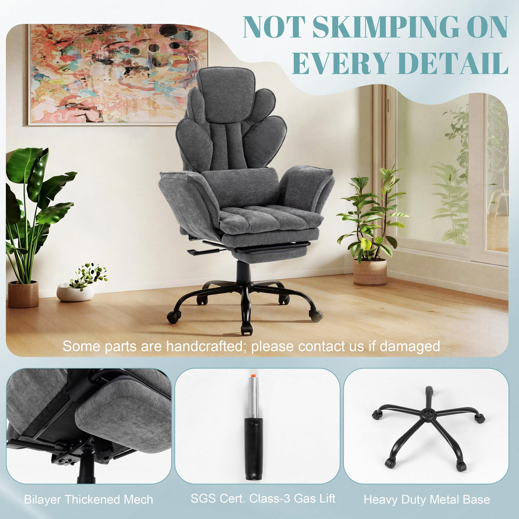 Flip Armrests Criss Cross Office Chair, Reclining Office Chair with Foot Rest, Adjustable Headrest, Massage Waist Pillow, Cross Legged Big and Tall Desk Chair Wide Seat Vanity Chair, Fabric Grey