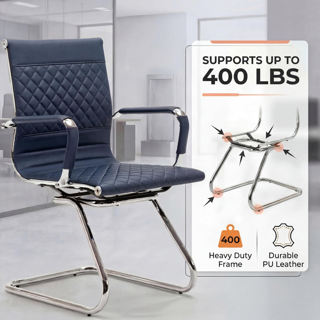 Office Desk Chair No Wheels Set of 8 - PU Leather Chairs with Arms - Conference Room Chairs 400LB Capacity Sled Base, Reception Chair for Home Office, Lobby, School Navy Blue