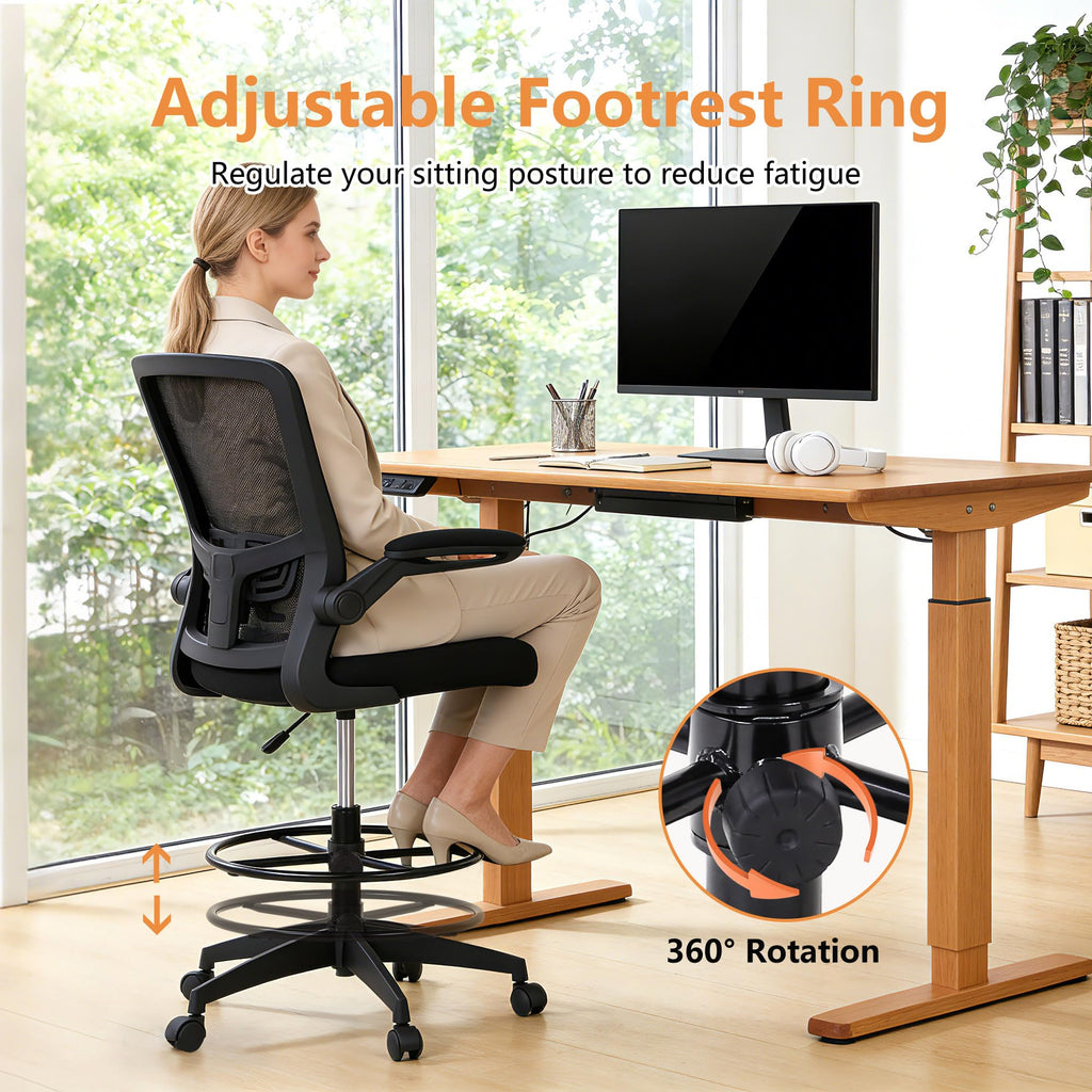Drafting Chair Tall Office Chair Adjustable Height with Lumbar Support Flip Up Arms Footrest Mid Back Task Mesh Desk Chair Computer Chair Drafting Stool for Standing Desk