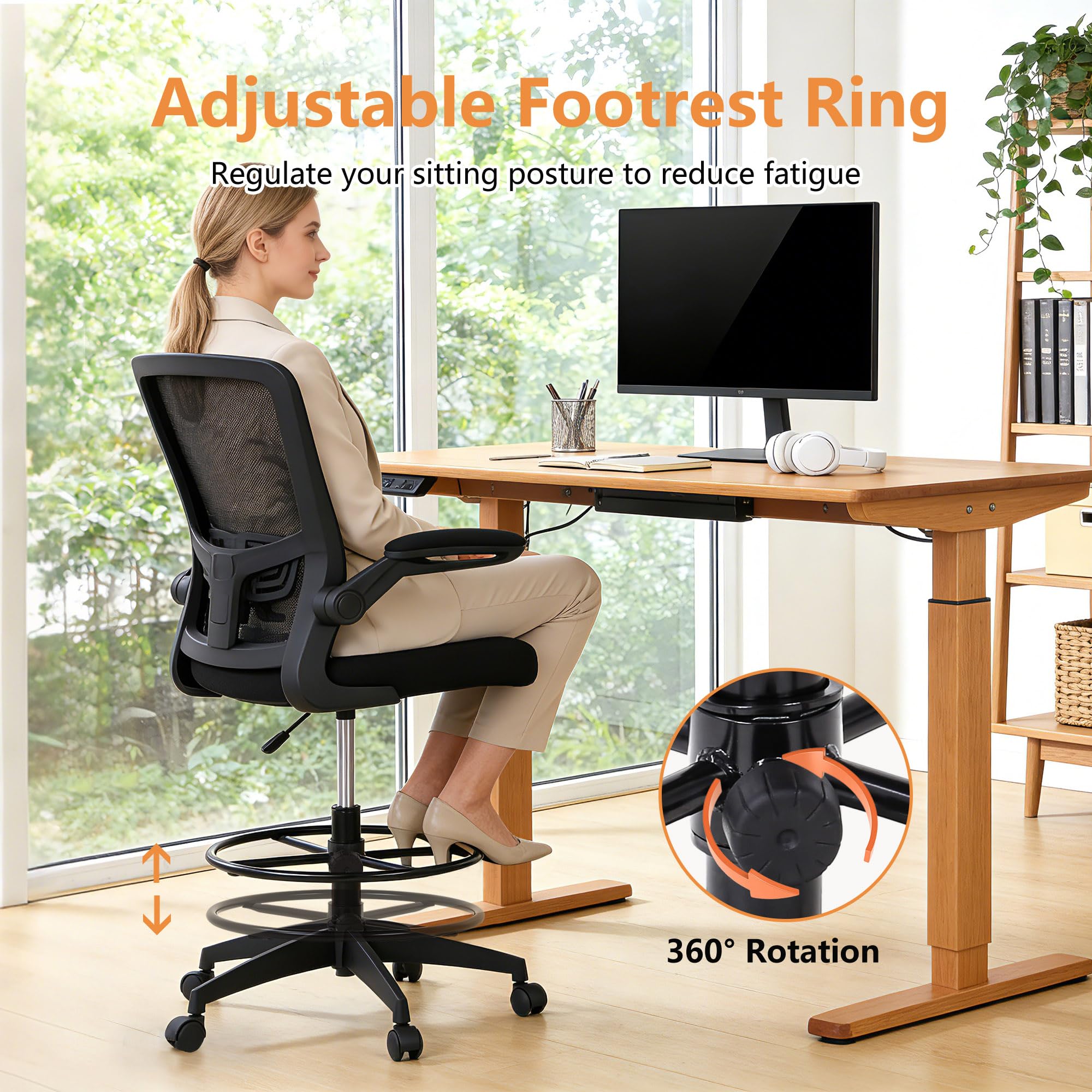 Drafting Chair Tall Office Chair Adjustable Height with Lumbar Support Flip Up Arms Footrest Mid Back Task Mesh Desk Chair Computer Chair Drafting Stool for Standing Desk