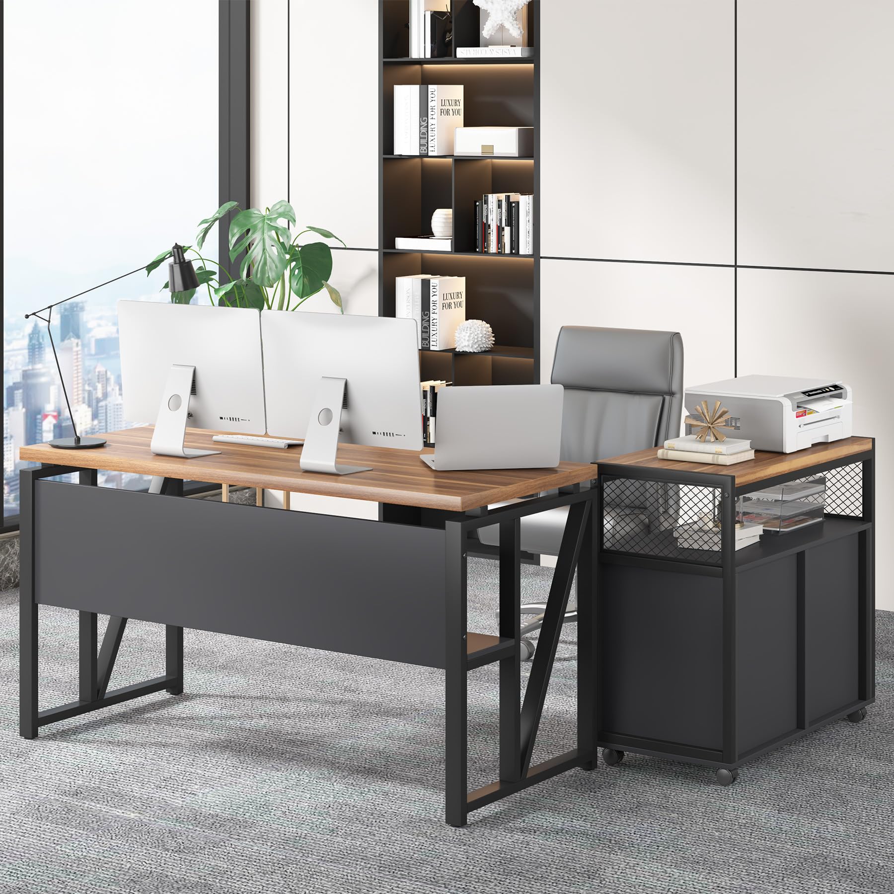 55" Executive Desk with Reversible File Cabinet, Large L-Shaped Office Desk with Drawers, Business Furniture Workstation for Home Office (Dark Walnut, 55-inch)