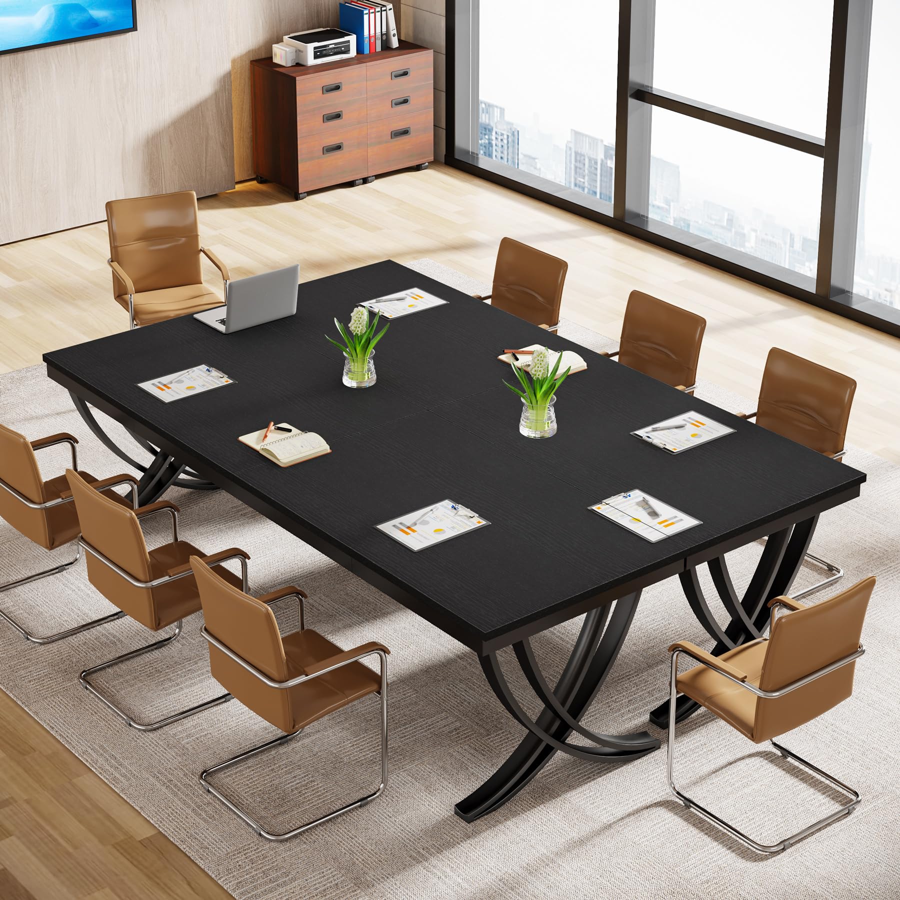 6.5FT Conference Table for 6-8 People, 78 inch Long Rectangular Seminar Table with Strong Metal Frame, Business Furniture Boardroom Desk for Office Meeting Conference Room (6PCS, Black)