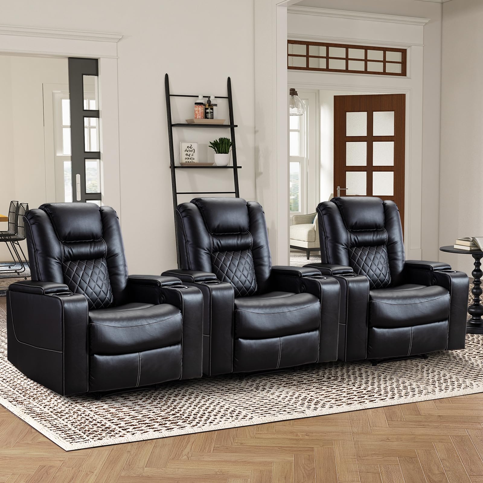 Electric Power Recliner Chair Set of 3, Breathable Leather Home Theater Seating with Hidden Arm Storage, Power Recliner Chair with USB Ports and Cup Holders for Living Room,Black