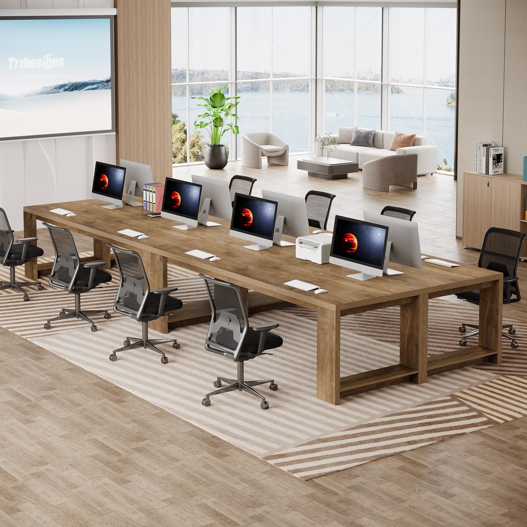 7 ft Conference Table for 6 to 8 People, Modern Rectangle Meeting Room Desk for Boardroom, Home Office (4, Oak)