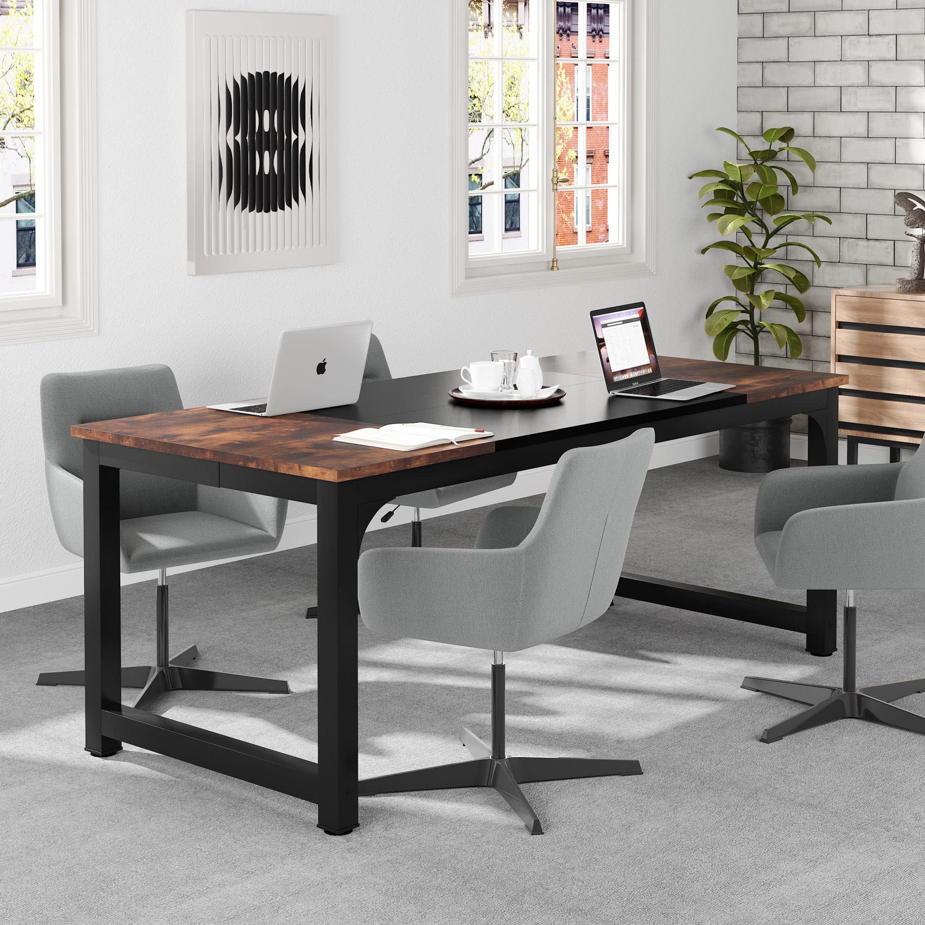 70.8”Executive Desk, Large Office Computer Desk with Thicken Frame, Modern Simple Workstation Business Furniture for Home Office, Rustic Brown/Black