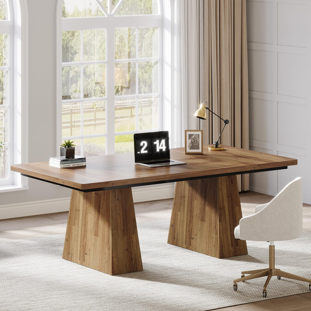 63-Inch Executive Desk, Large Office Computer Desk with Double Pedestal, Modern Simple Workstations Writing Table Conference Table Business Furniture for Home Office, Light Brown