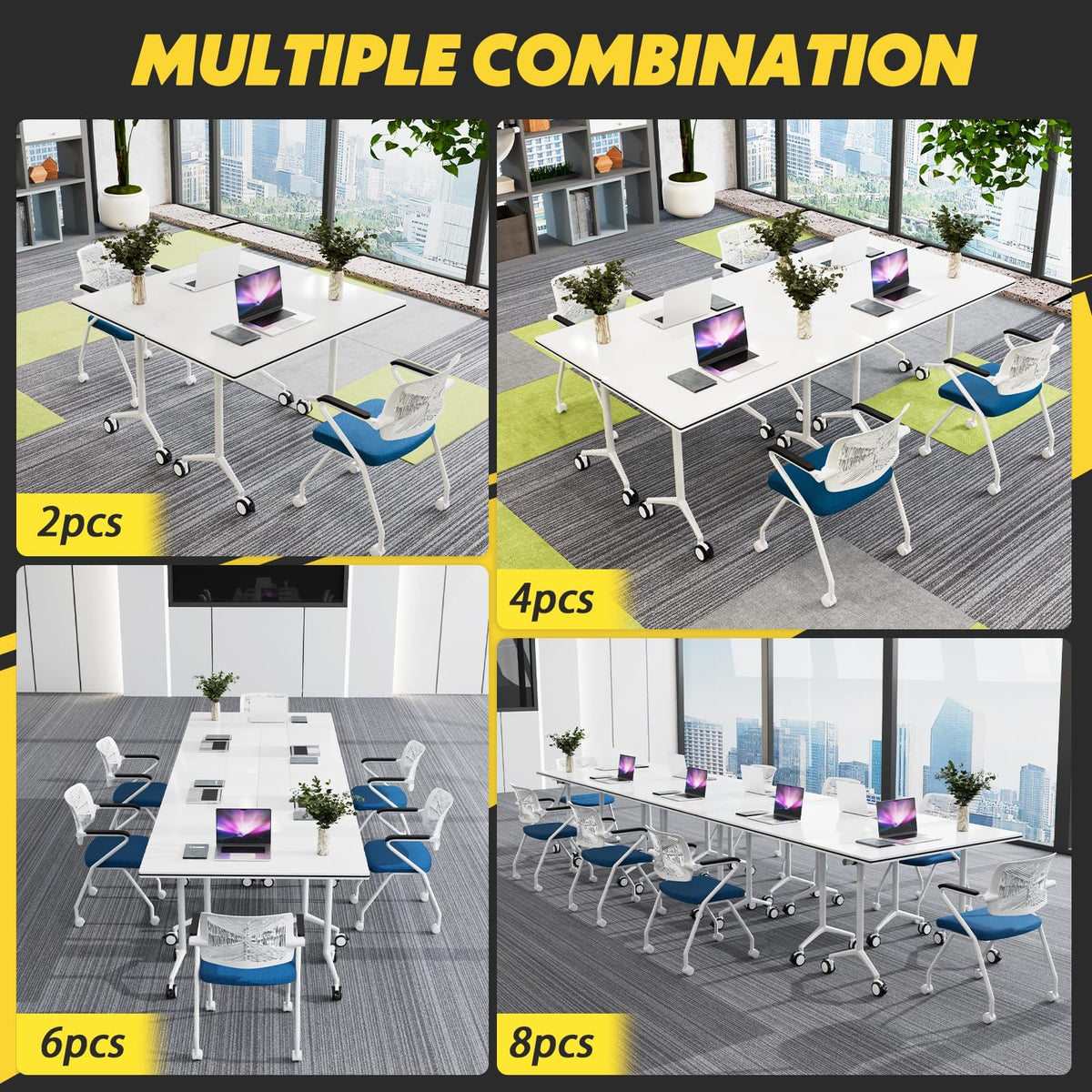 Conference Room Tables White,Folding Rectangular Flip Top Conference Table with Wheels for Large Meeting Seminar Home Office Classr (6, White, 55.1in)