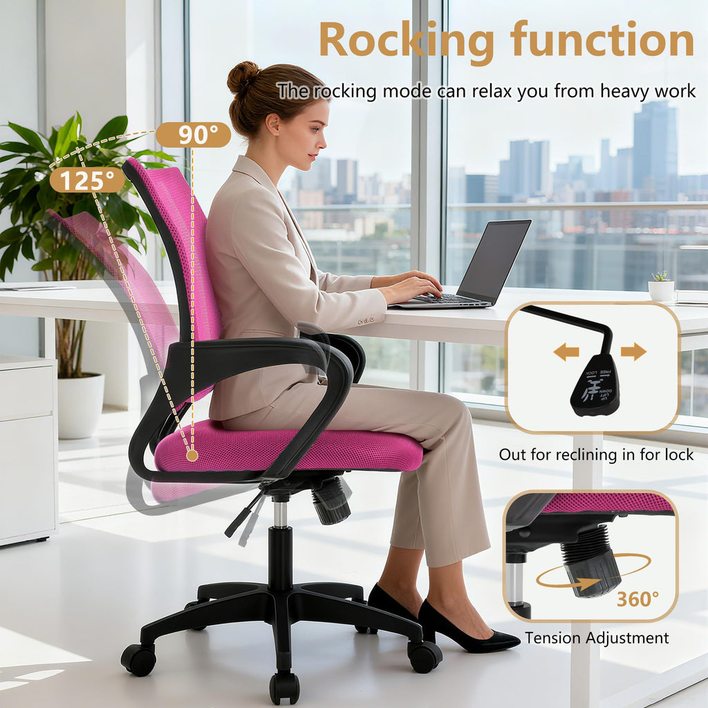 Ergonomic Office Chair | Mid-Back Swivel Desk Chair | Breathable Backrest & Lumbar Support | Adjustable Height | Sponge Seat | Rolling Wheels | Peach Pink | for Adults & Women