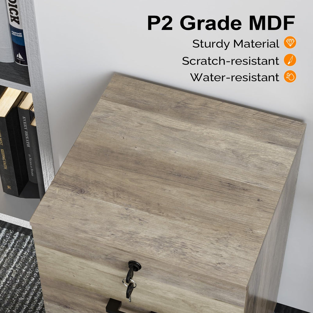 2 Drawer File Cabinet with Lock, Wood Rustic Gray Filing Cabinet for Letter Size File Folders with Tabs, Under Desk Rolling File Cabinets for Home Office, Mobile File Organization Printer Stand