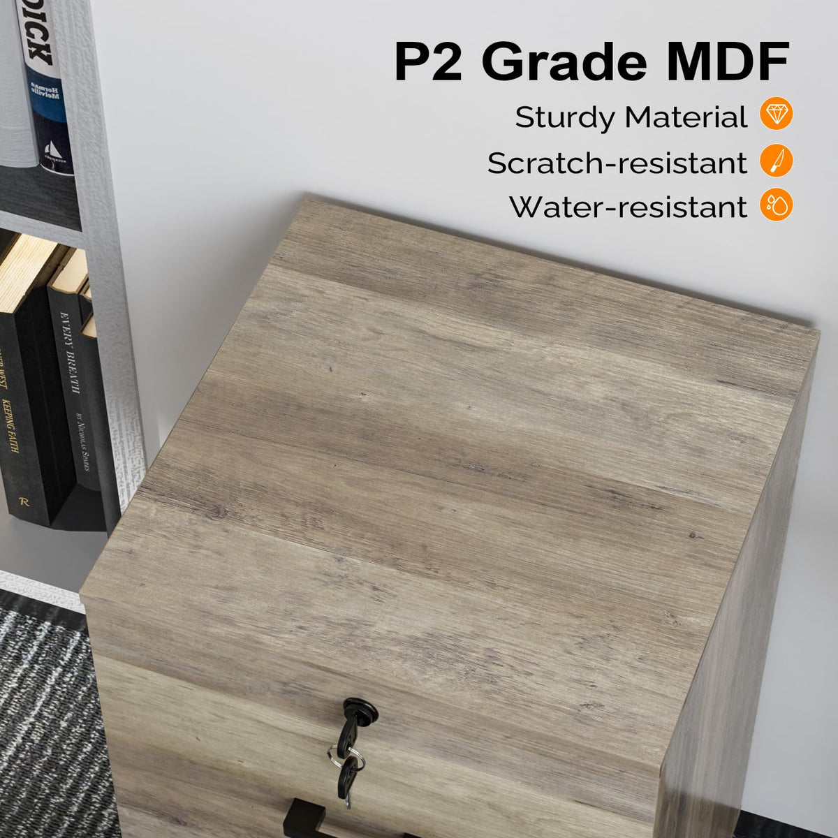 2 Drawer File Cabinet with Lock, Wood Rustic Gray Filing Cabinet for Letter Size File Folders with Tabs, Under Desk Rolling File Cabinets for Home Office, Mobile File Organization Printer Stand