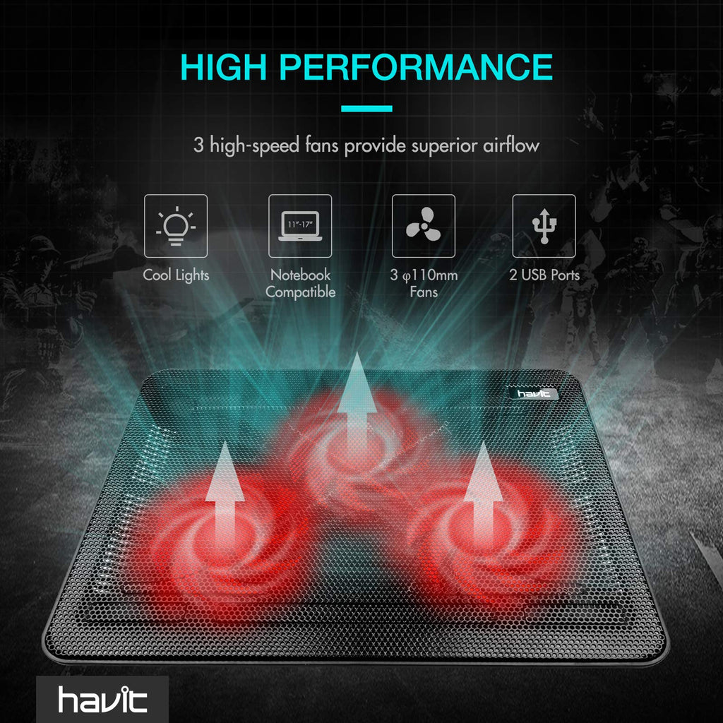 15.6-17 Inch Laptop Cooler Cooling Pad - Slim Portable USB Powered (3 Fans) (Black+Red)