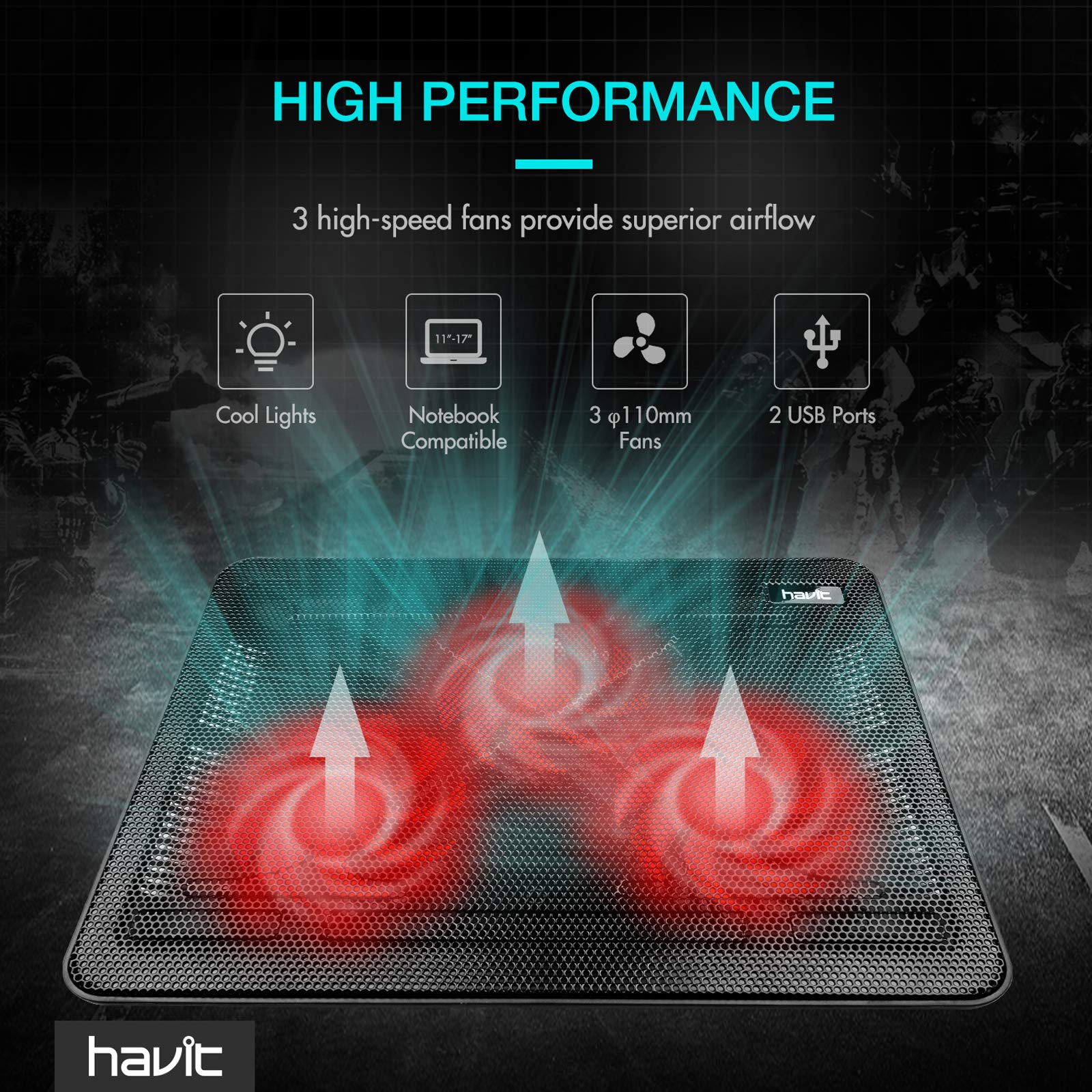 15.6-17 Inch Laptop Cooler Cooling Pad - Slim Portable USB Powered (3 Fans) (Black+Red)