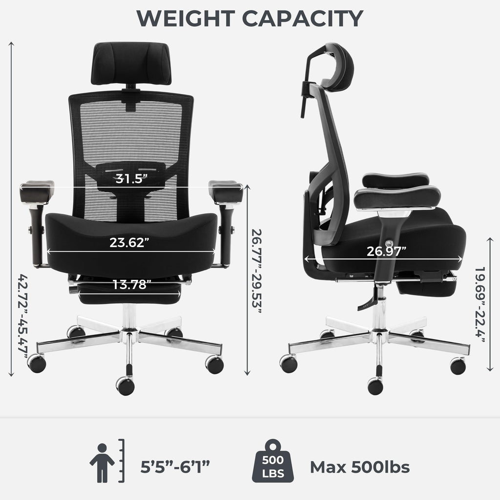 600lbs Big and Tall Office Chair,Oversized Ergonomic Breathable Mesh Desk Chair with W-Shape Thicken Seat Cushion,Computer Chair with Adjustable 4D Armrest,Lumbar Support Footrest Headrest
